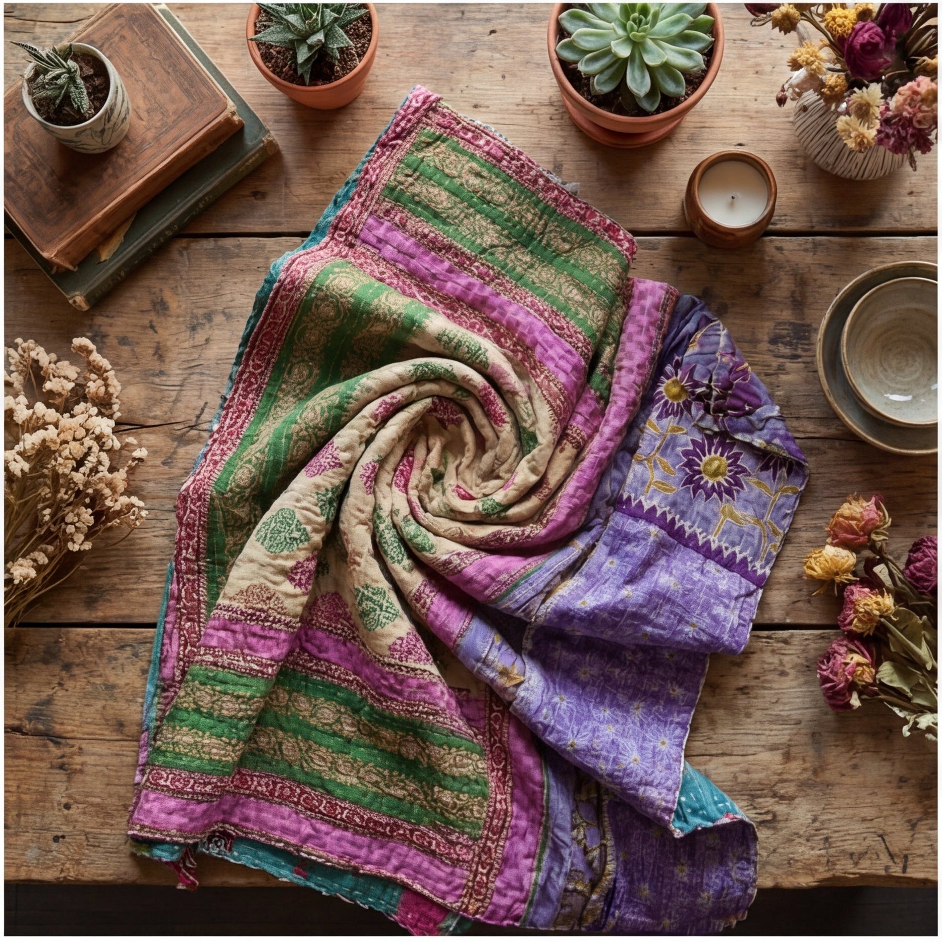 Colorful patterned fabric on a wooden surface with decorative items.