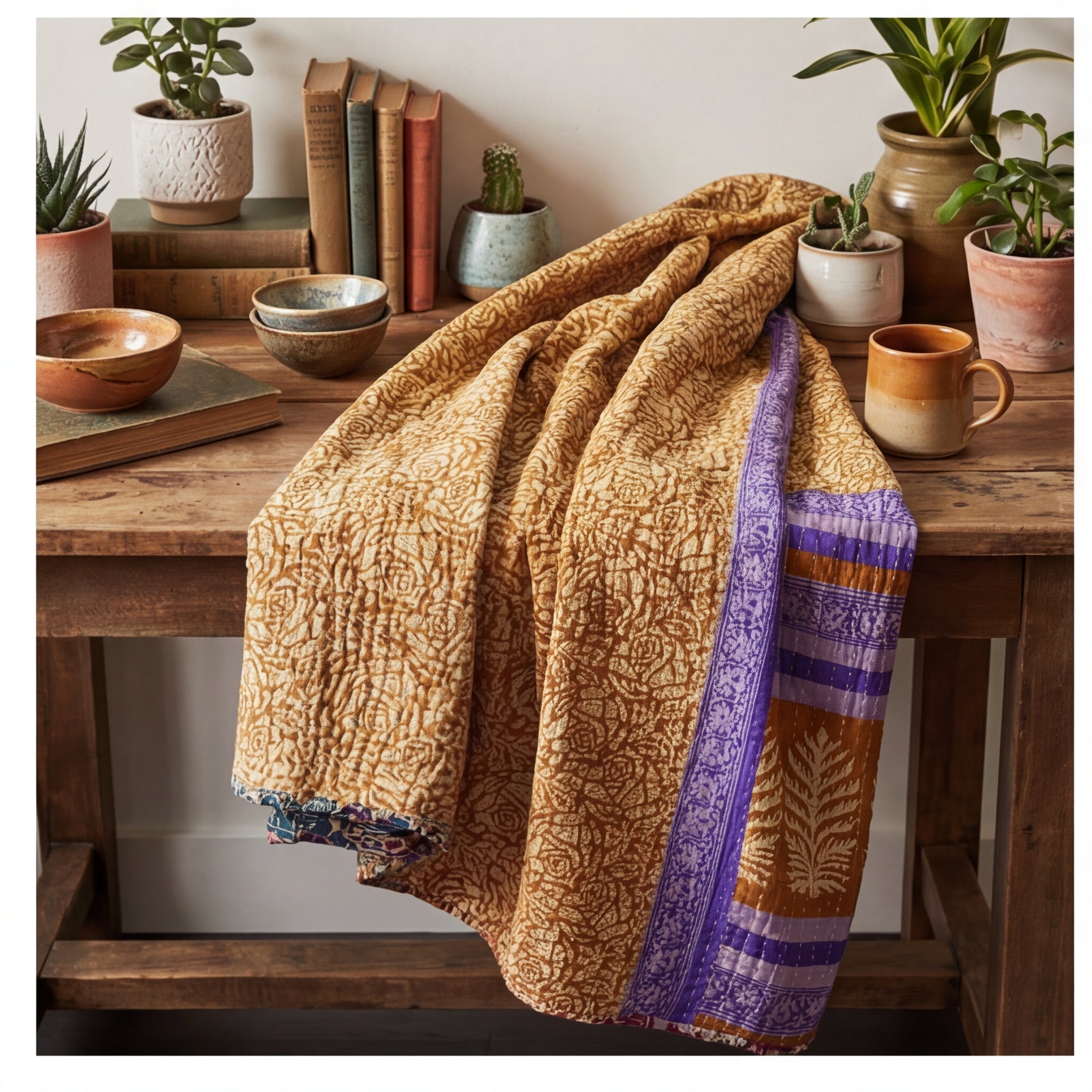 Tranquil Garden Reversible Kantha Throw