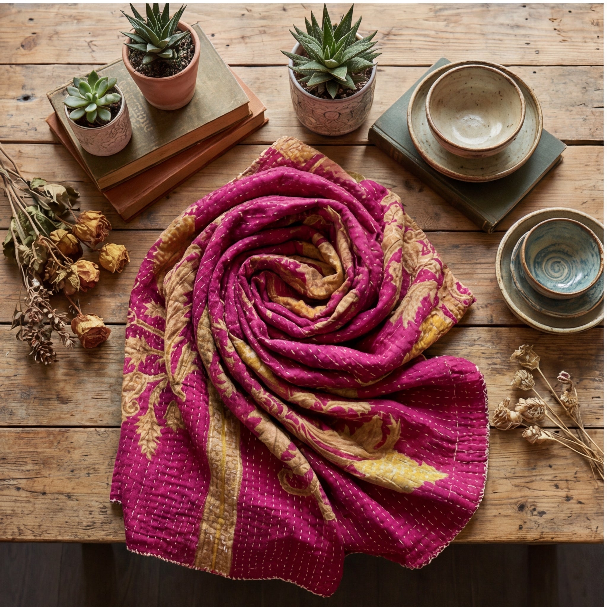 Serene Meadow Reversible Kantha Throw