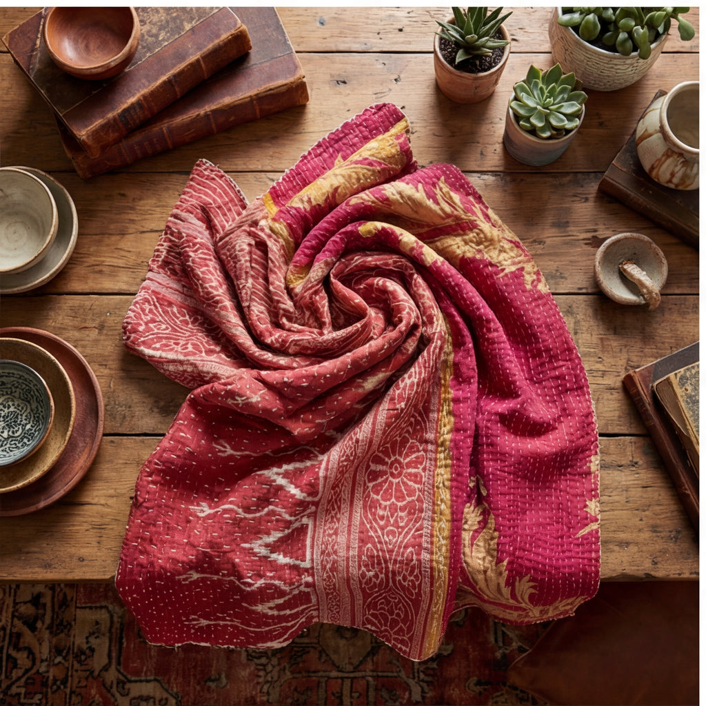 Serene Meadow Reversible Kantha Throw