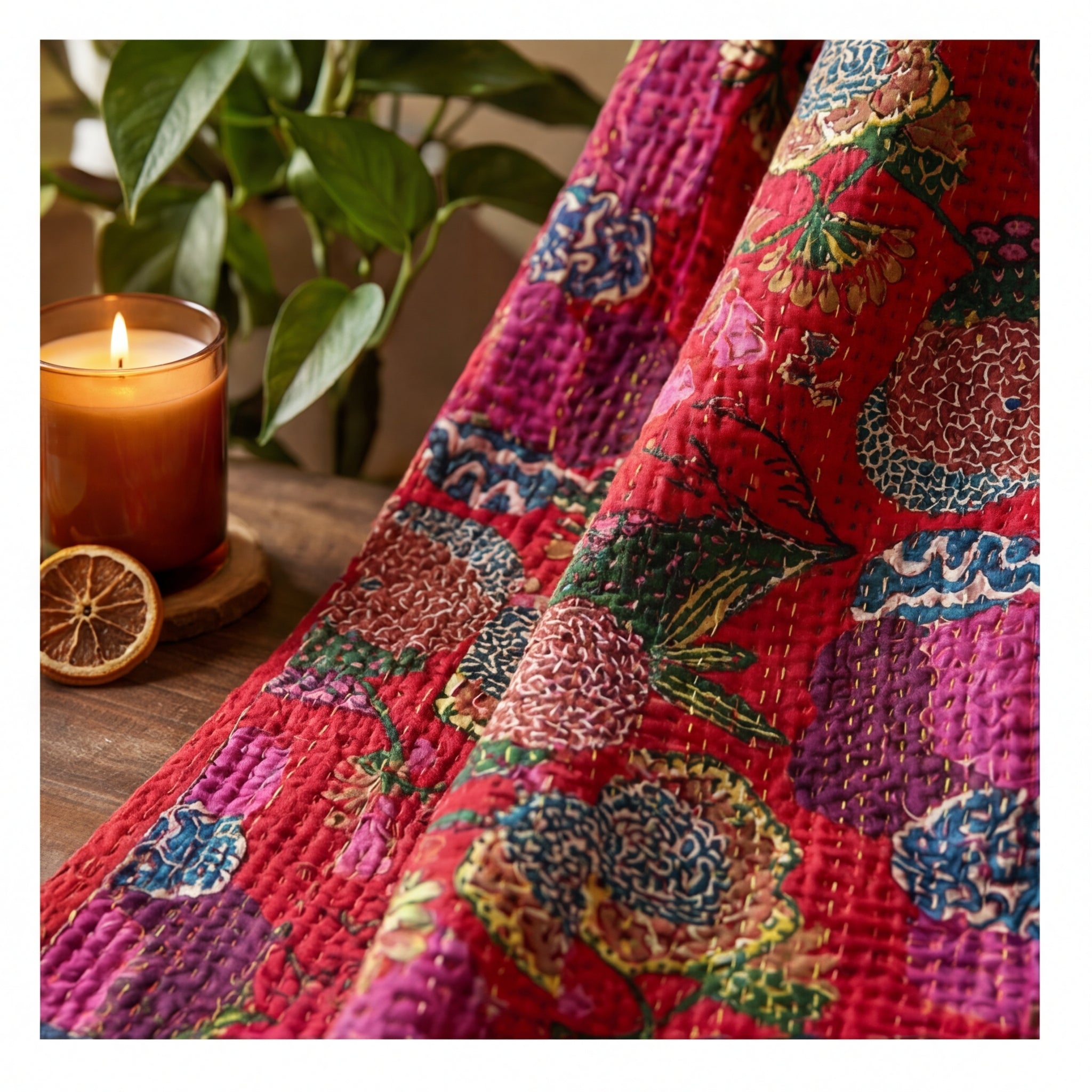 Marigold Reverie Cotton Hand-Made Kantha Throw Blanket