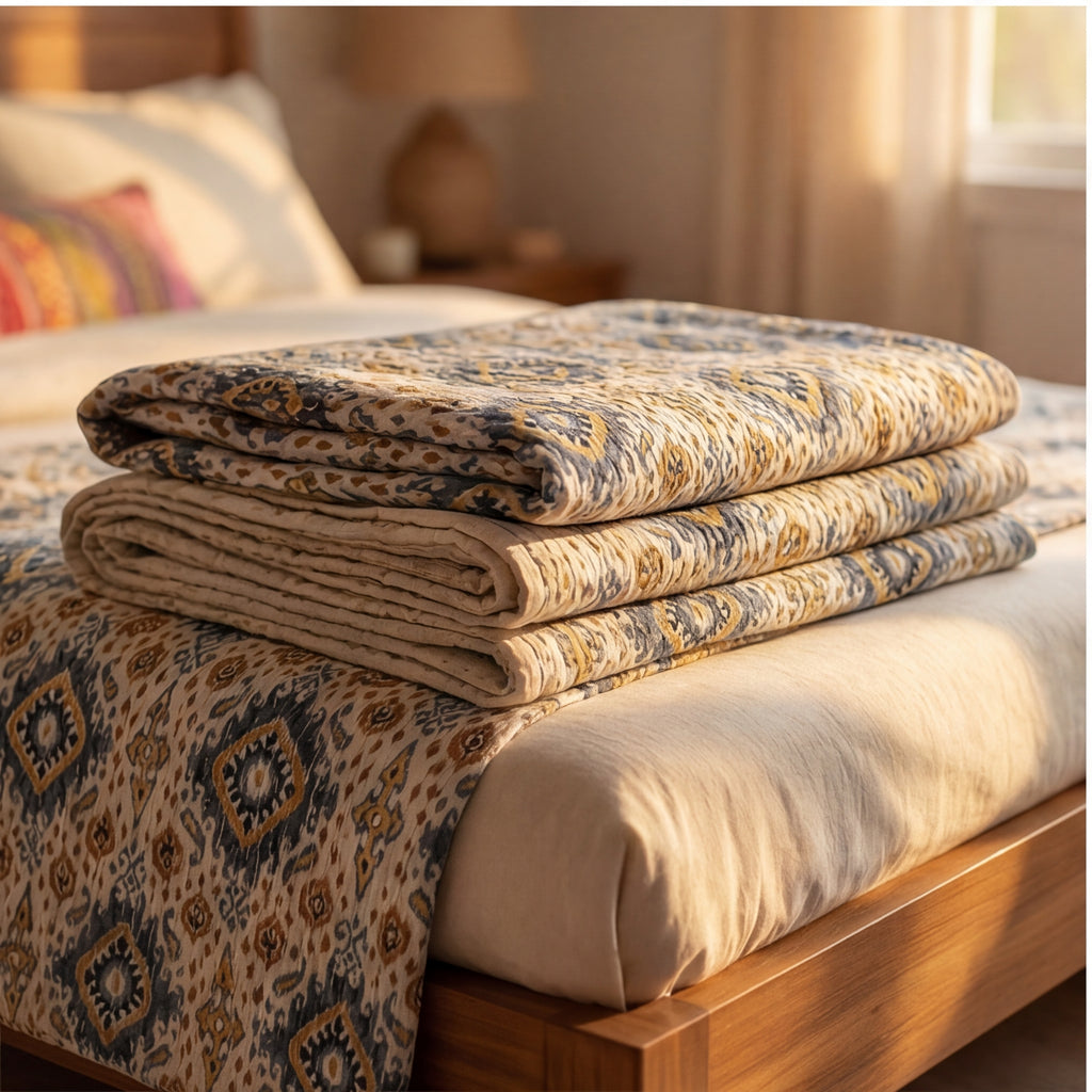 Mint Aviary Kantha queen Size Bed-spread (Reversible)