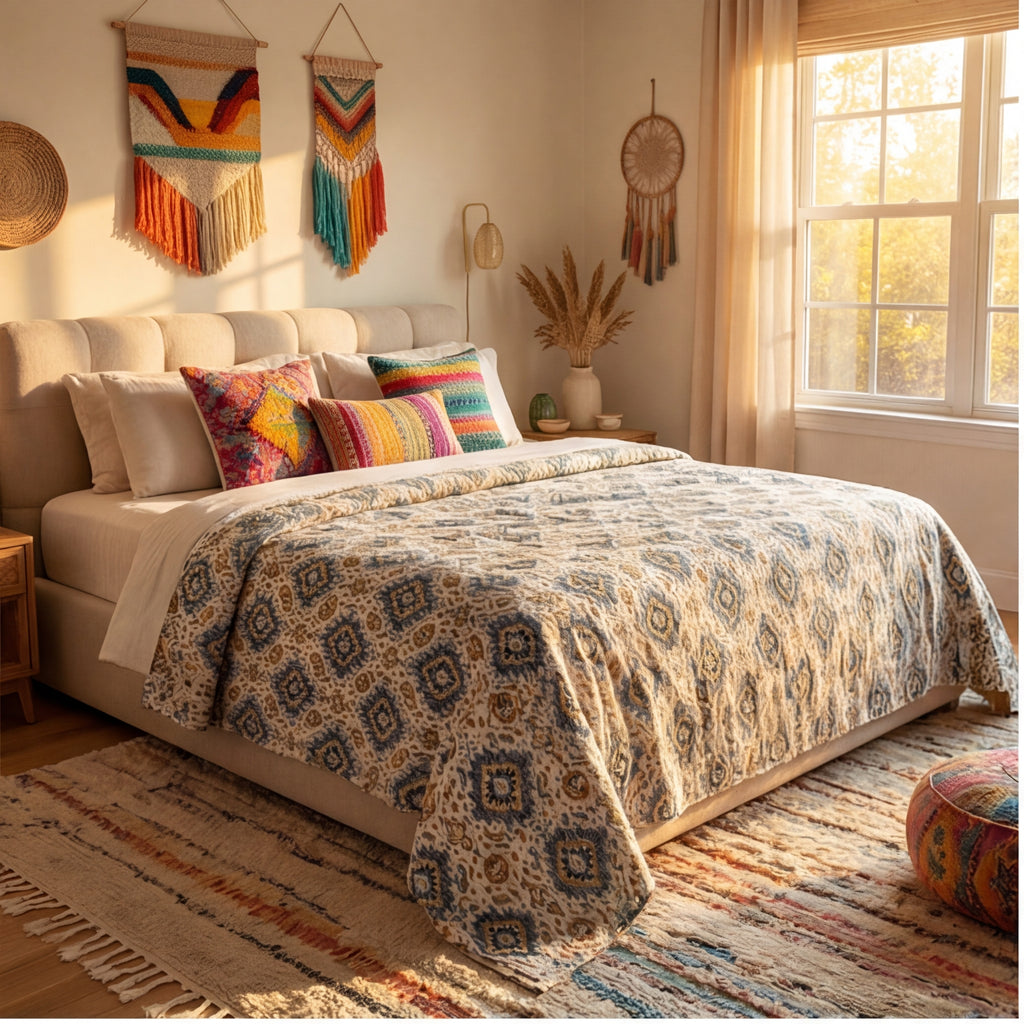Mint Aviary Kantha queen Size Bed-spread (Reversible)