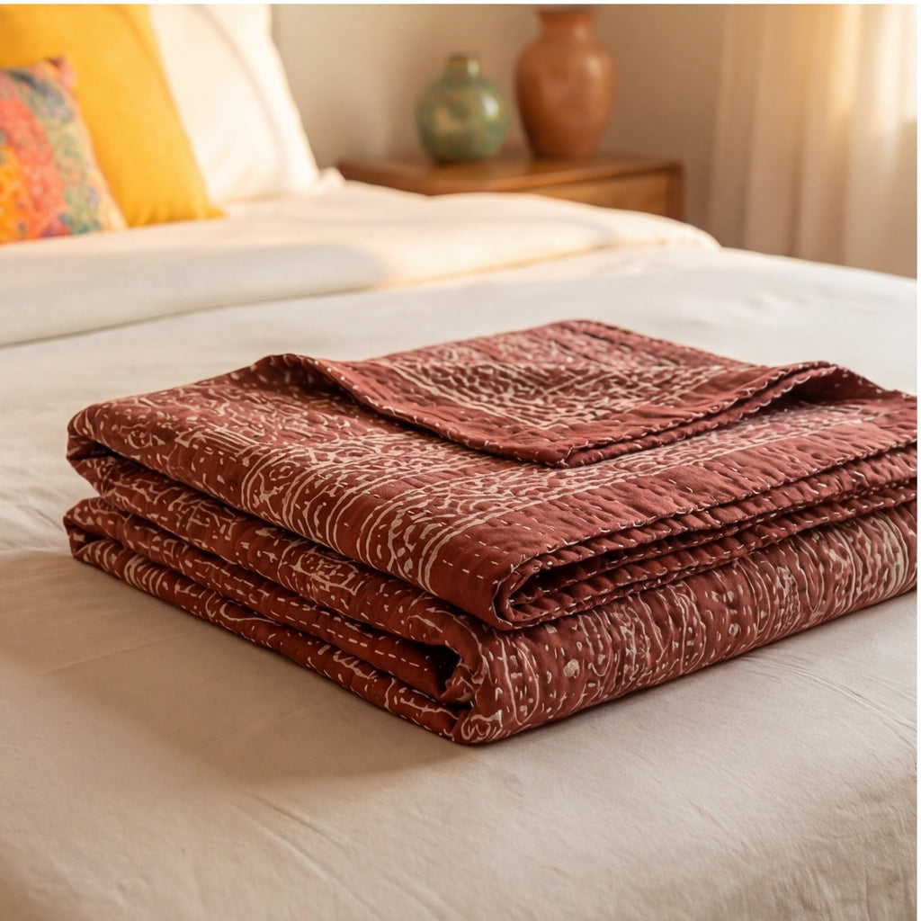 Terracotta Tale Kantha Queen Size Bed-spread (Reversible)