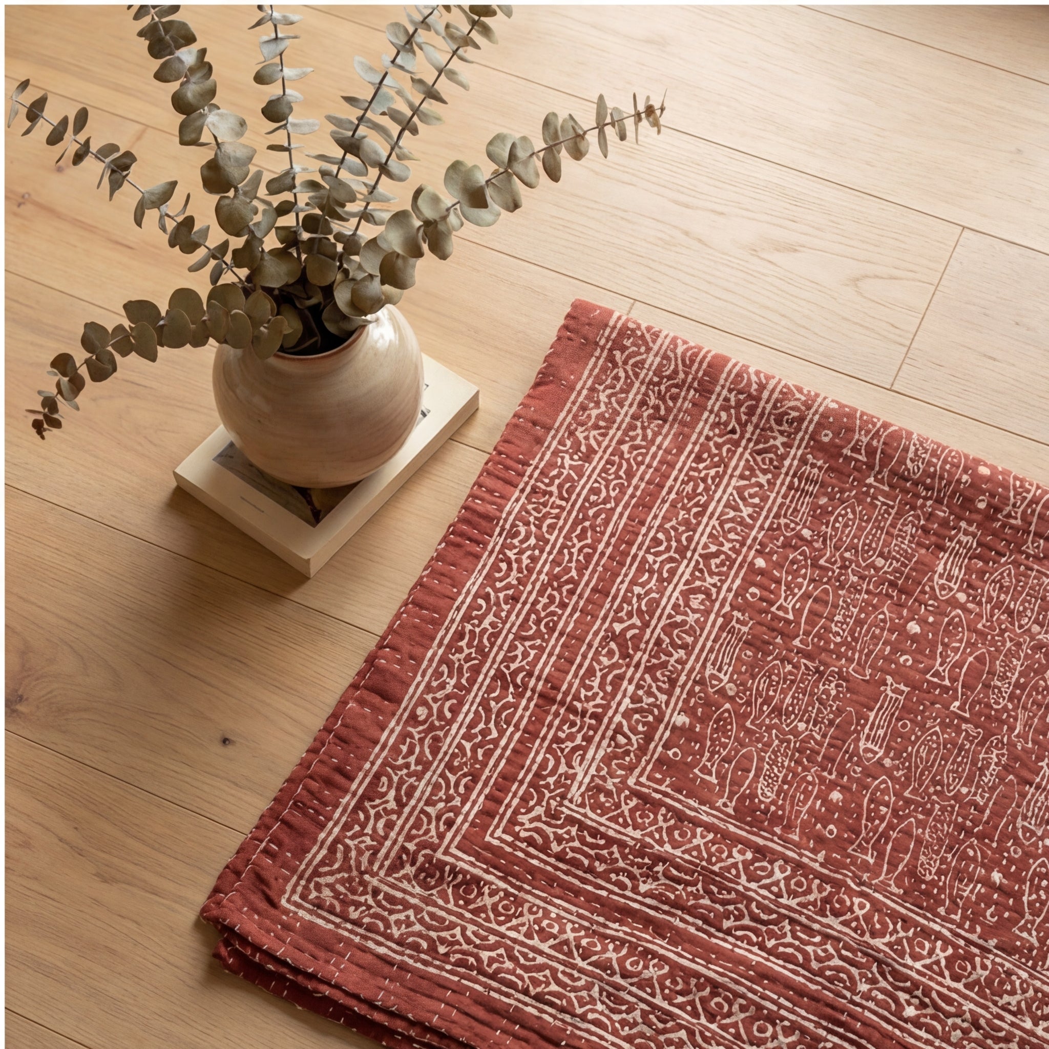 Terracotta Tale Kantha Queen Size Bed-spread (Reversible)