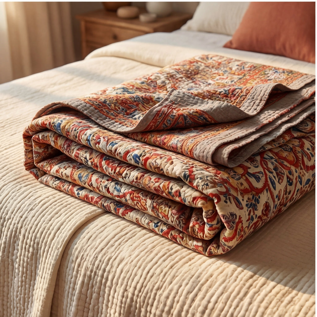 Amber Orchard Kantha Queen Size Bed-spread