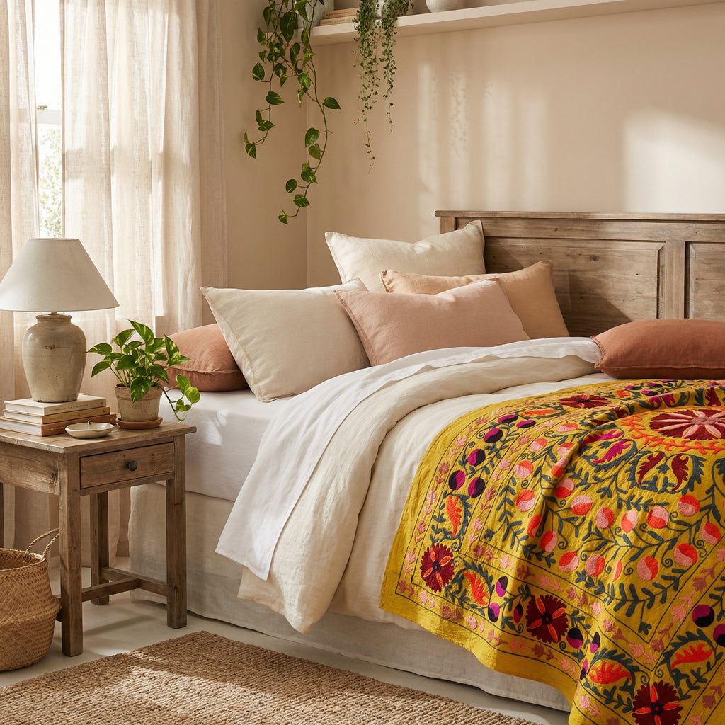 Bending Birches Hand-Embroidered Cotton Suzani Throw