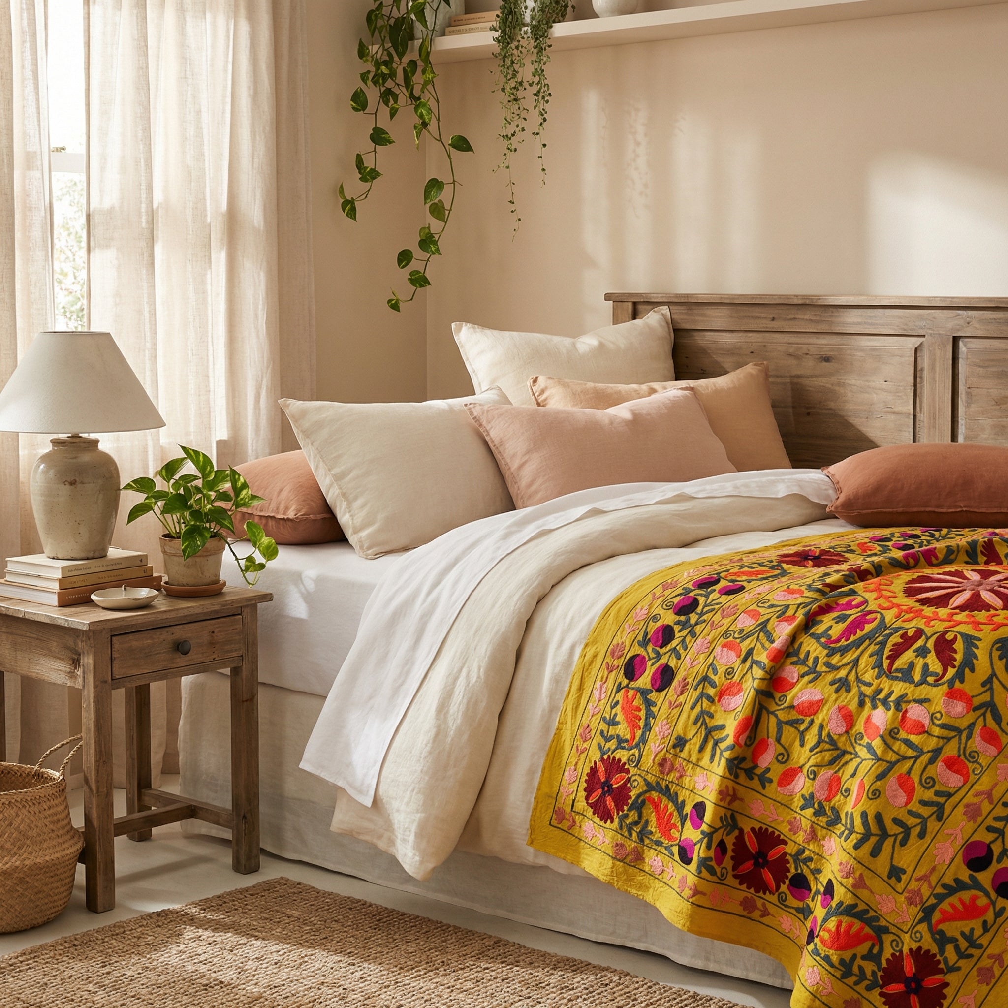 Bending Birches Hand-Embroidered Cotton Suzani Throw