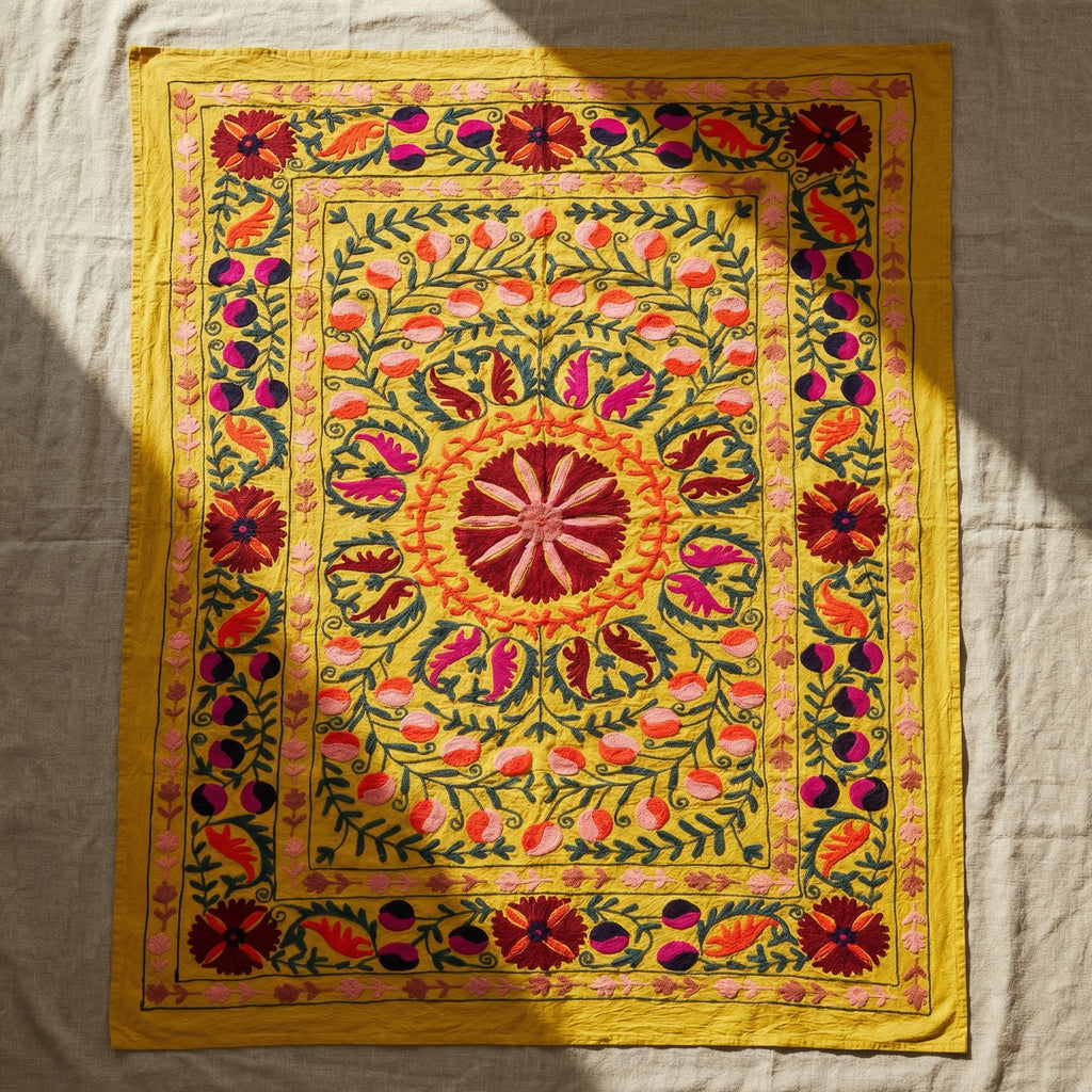 Bending Birches Hand-Embroidered Cotton Suzani Throw