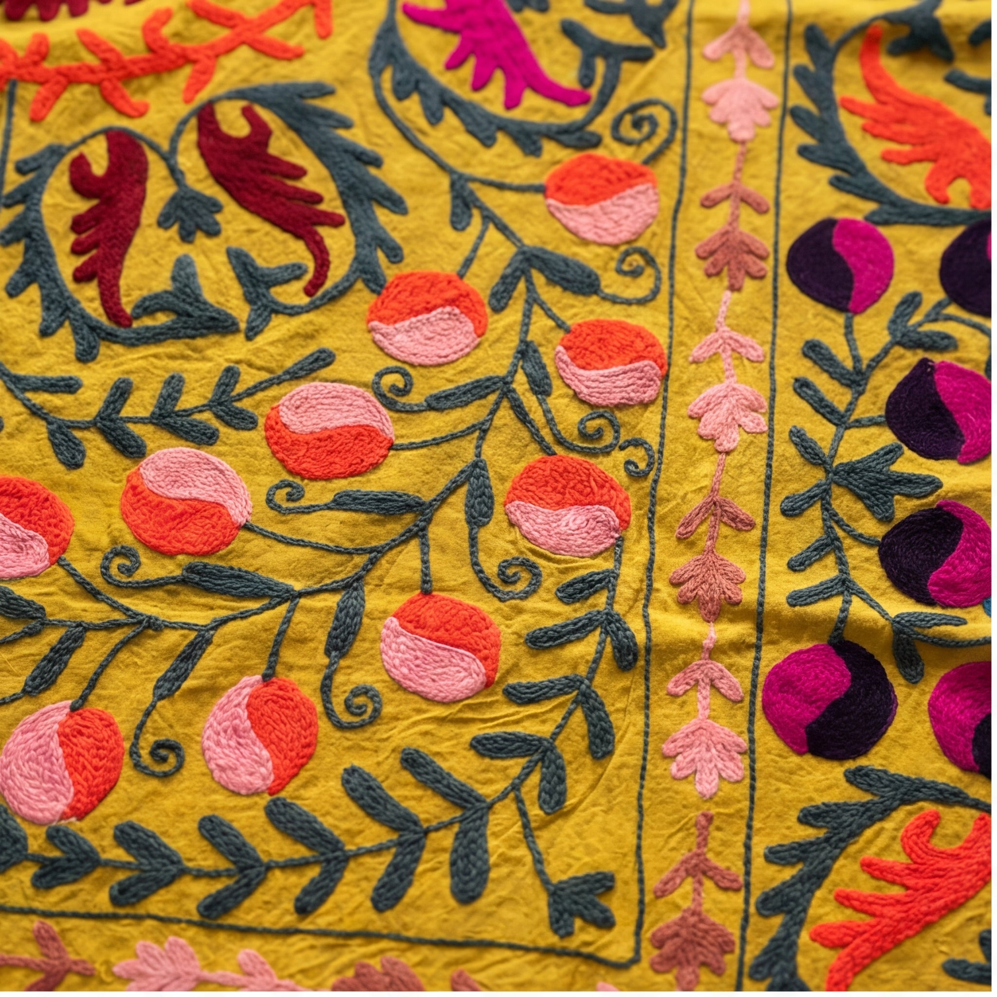 Bending Birches Hand-Embroidered Cotton Suzani Throw