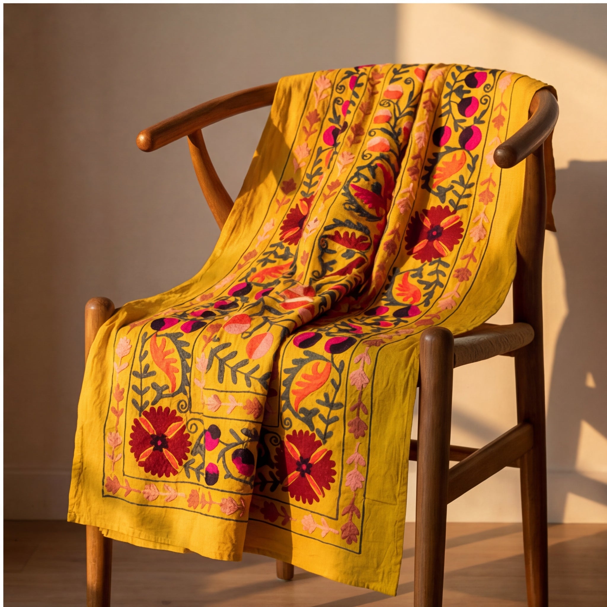 Bending Birches Hand-Embroidered Cotton Suzani Throw