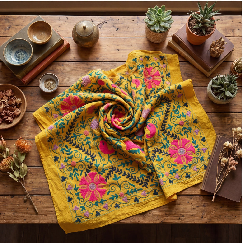 Swaying Sumac Hand-Embroidered Cotton Suzani Throw