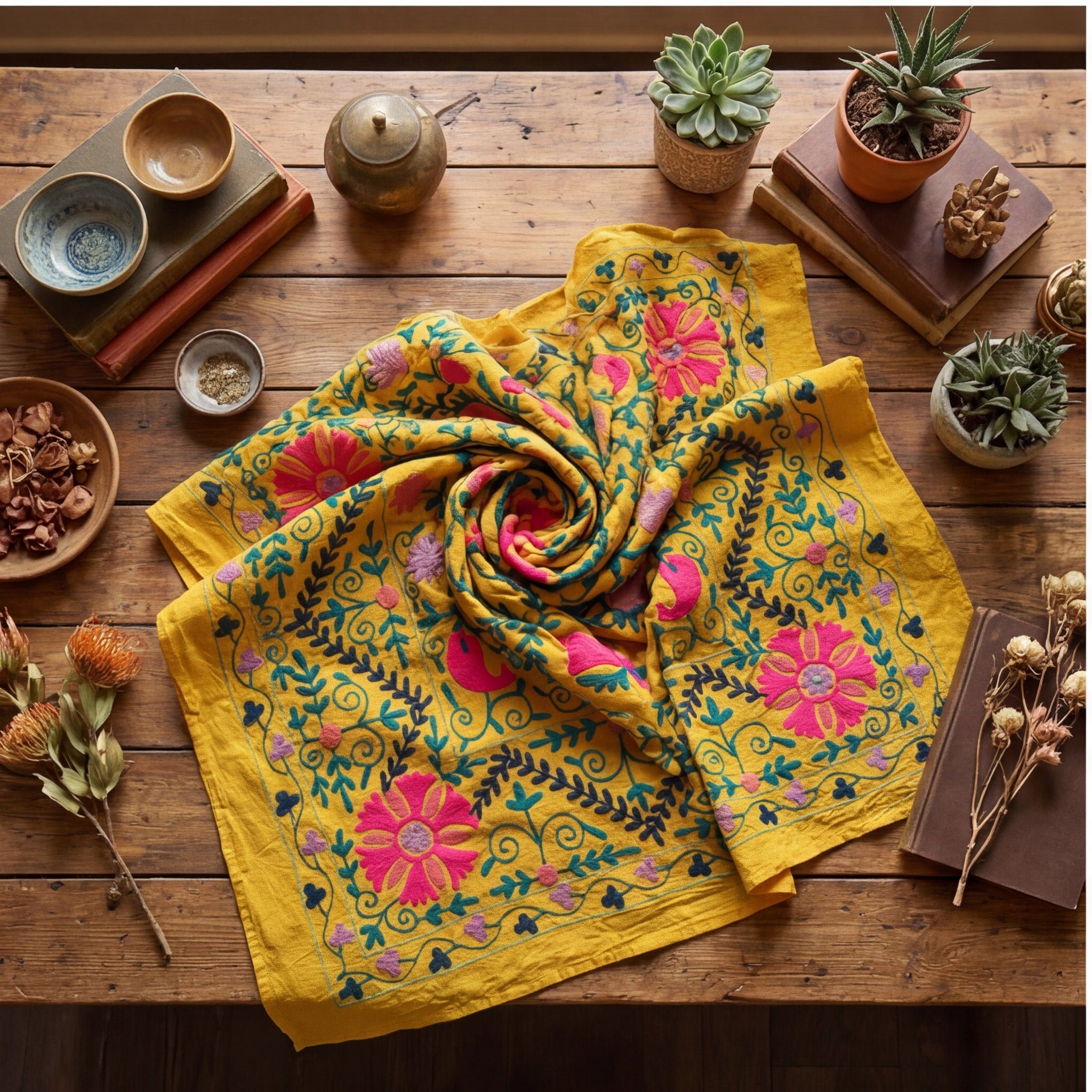 Swaying Sumac Hand-Embroidered Cotton Suzani Throw