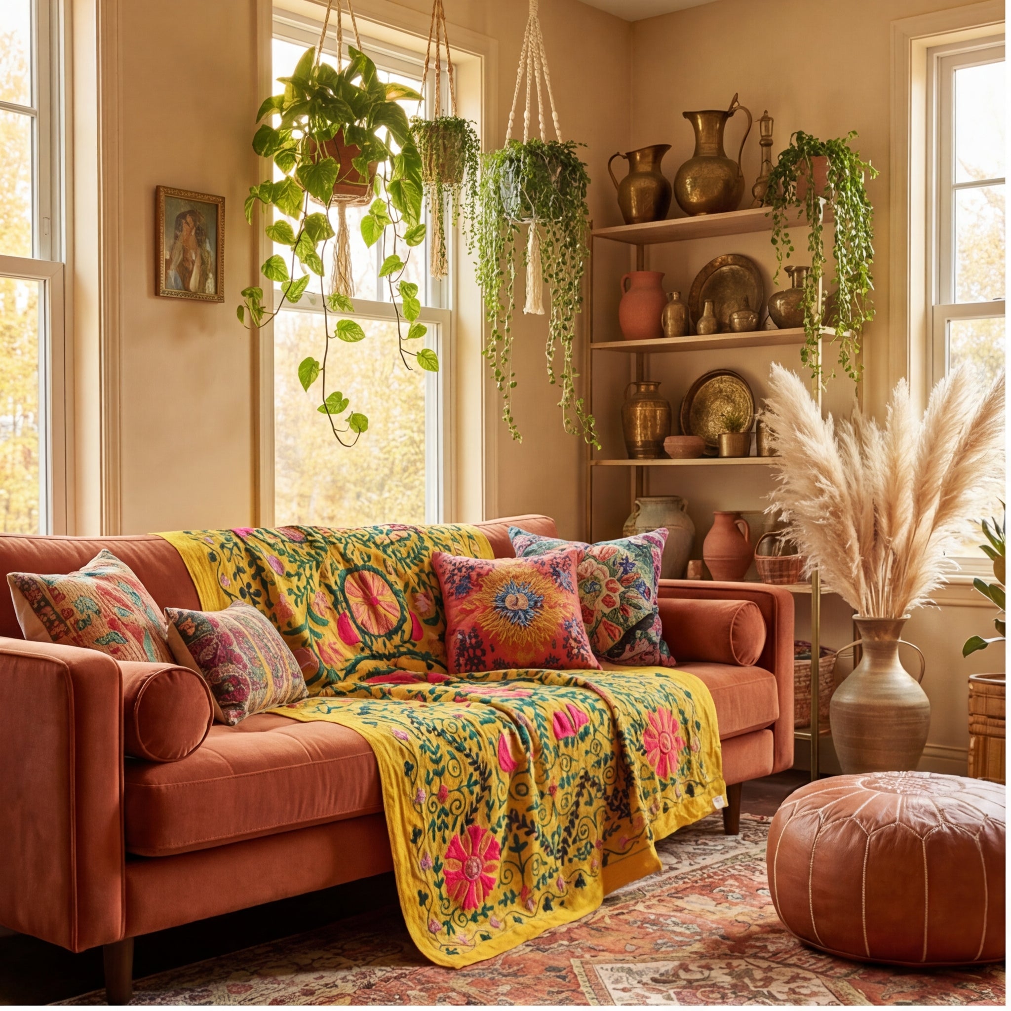 Swaying Sumac Hand-Embroidered Cotton Suzani Throw