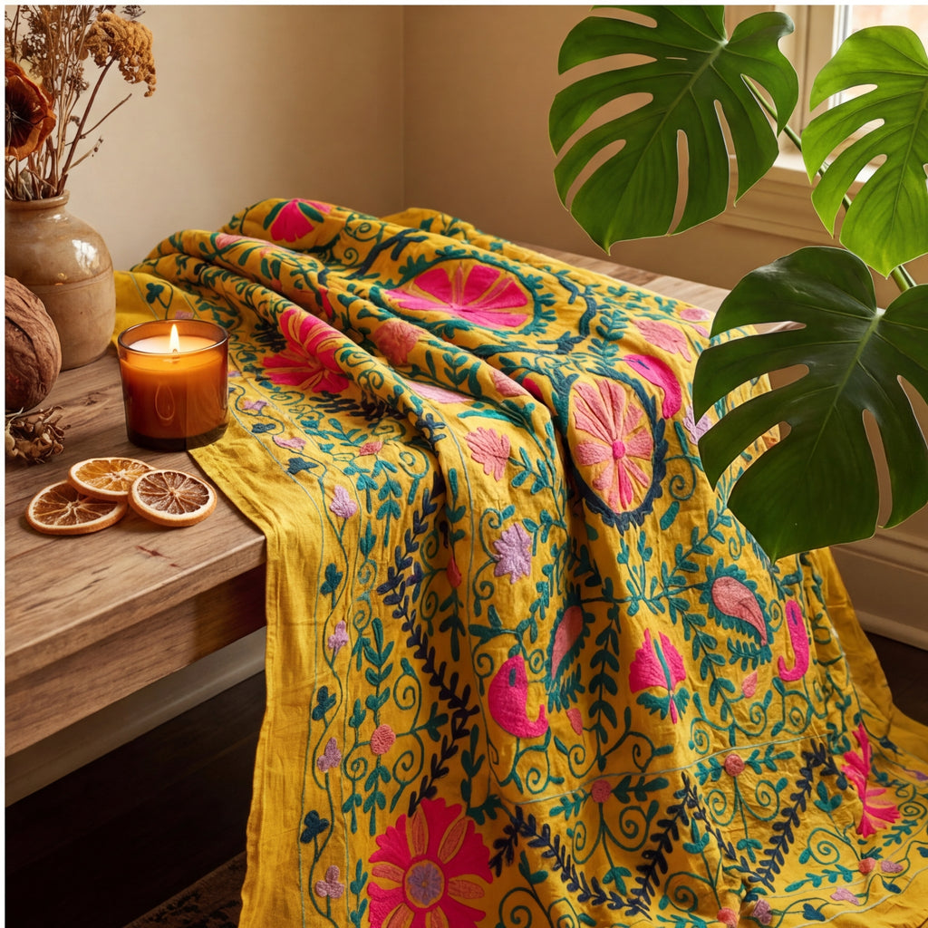 Swaying Sumac Hand-Embroidered Cotton Suzani Throw