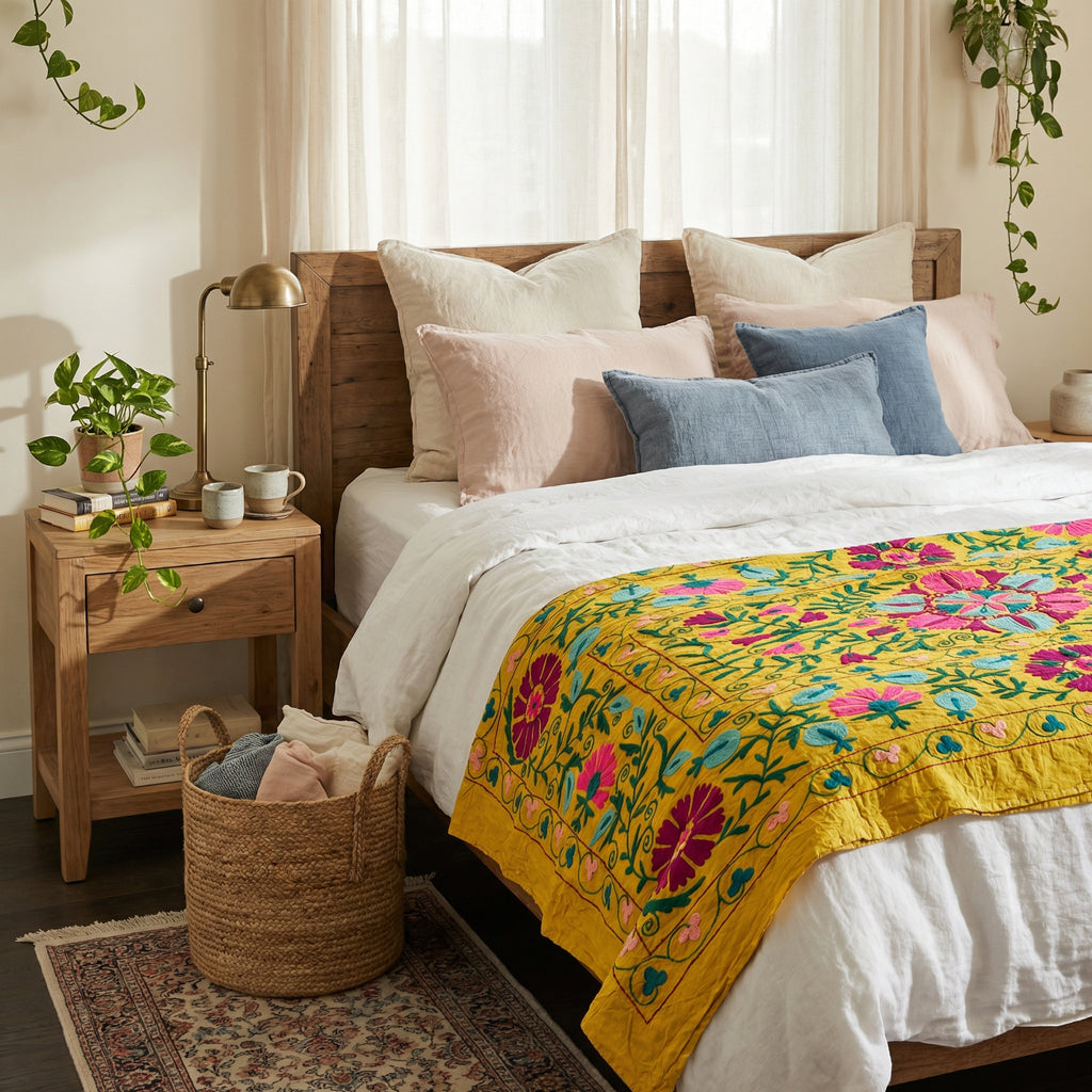 Suspended Solitude Hand-Embroidered Cotton Suzani Throw