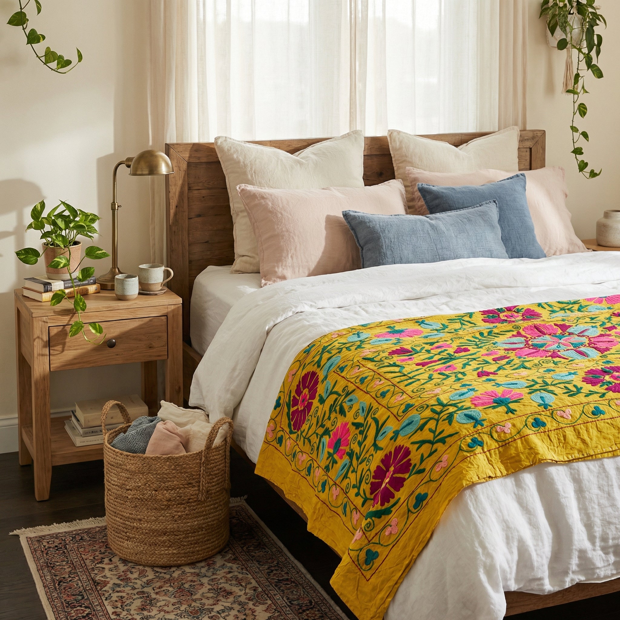 Suspended Solitude Hand-Embroidered Cotton Suzani Throw