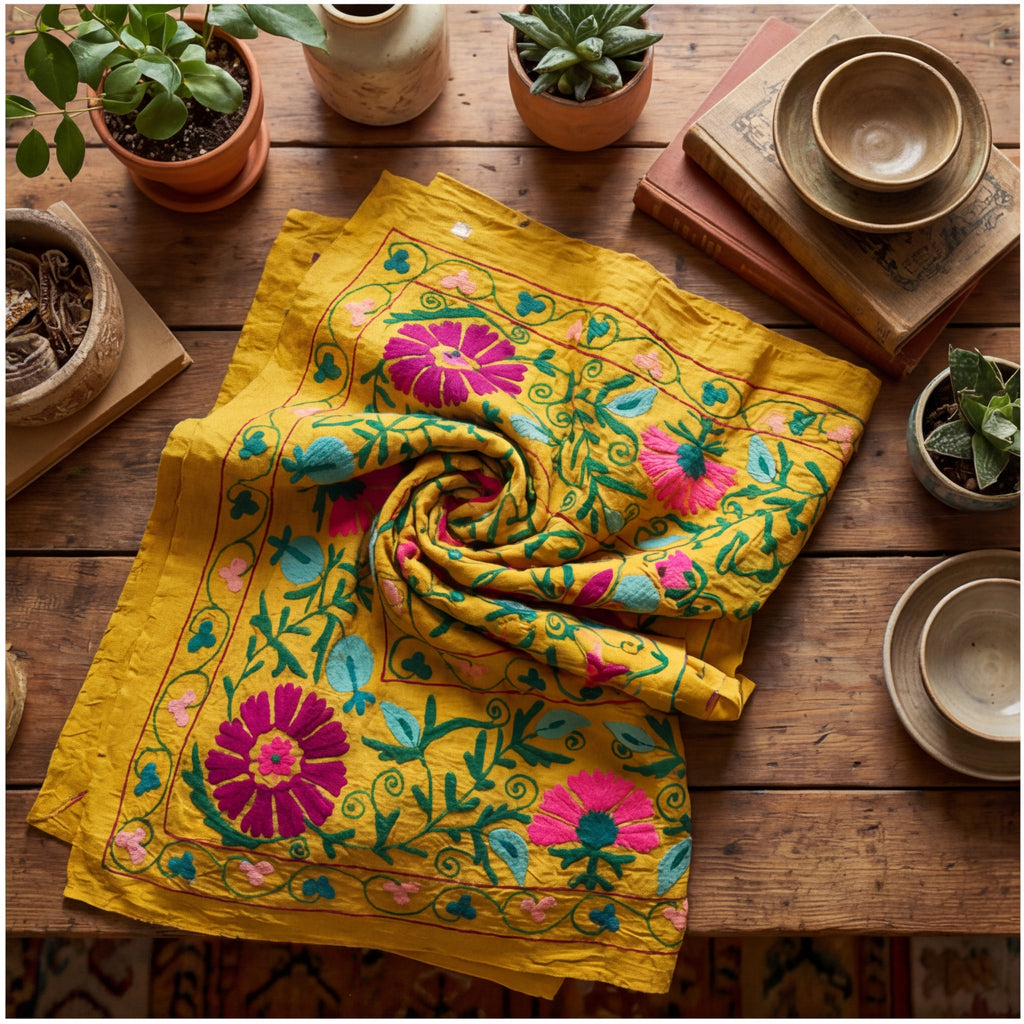 Suspended Solitude Hand-Embroidered Cotton Suzani Throw