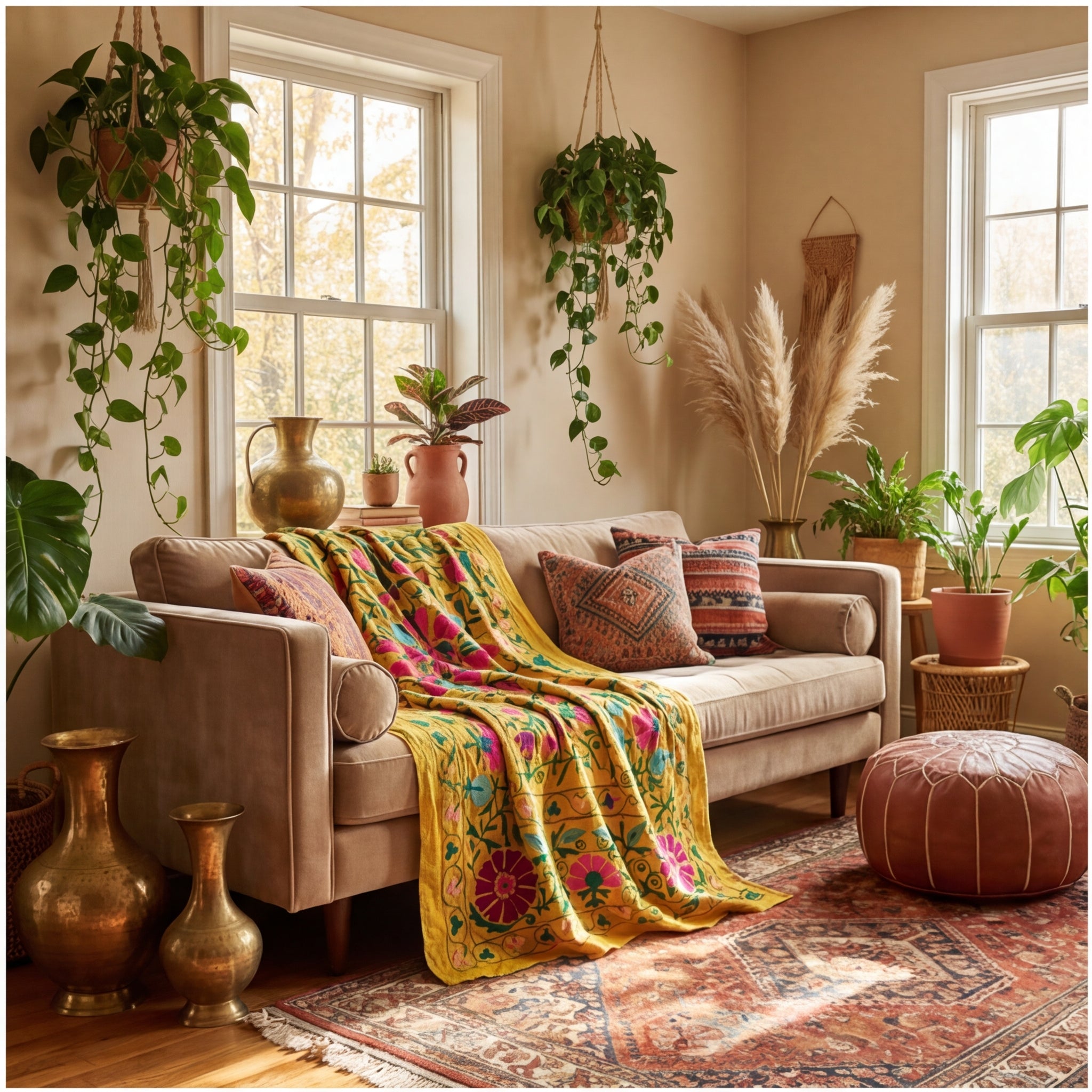 Suspended Solitude Hand-Embroidered Cotton Suzani Throw