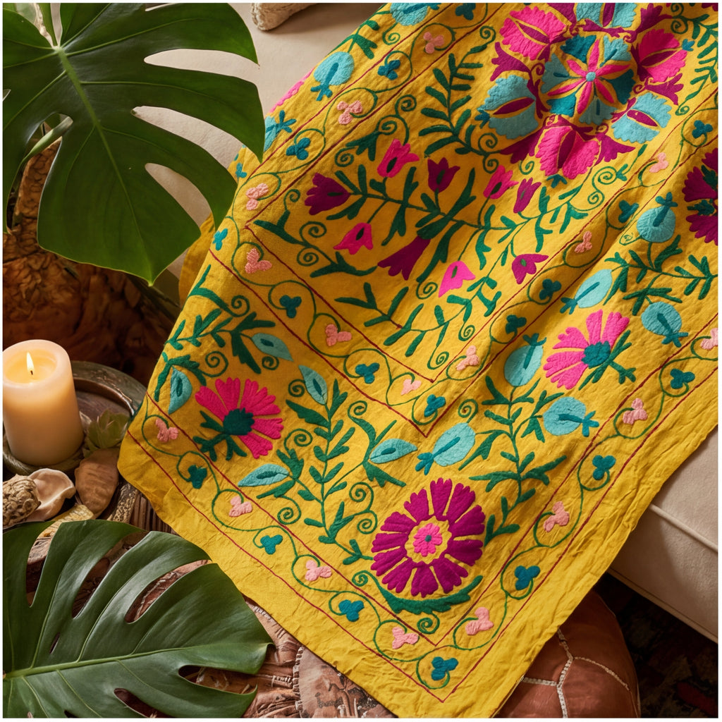 Suspended Solitude Hand-Embroidered Cotton Suzani Throw