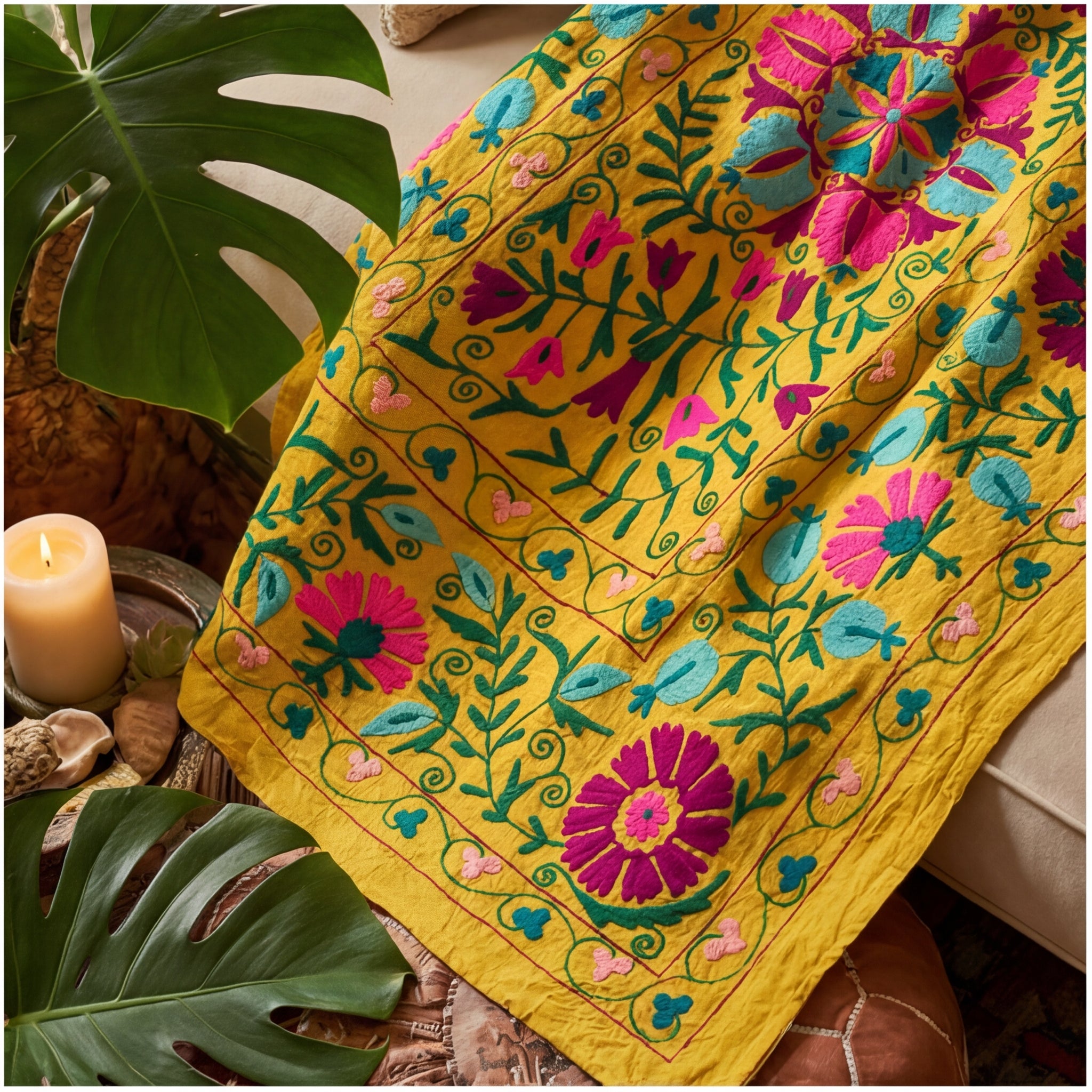Suspended Solitude Hand-Embroidered Cotton Suzani Throw