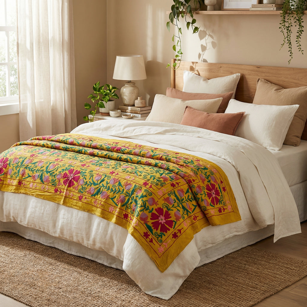 Trailing Thistles Hand-Embroidered Cotton Suzani Throw