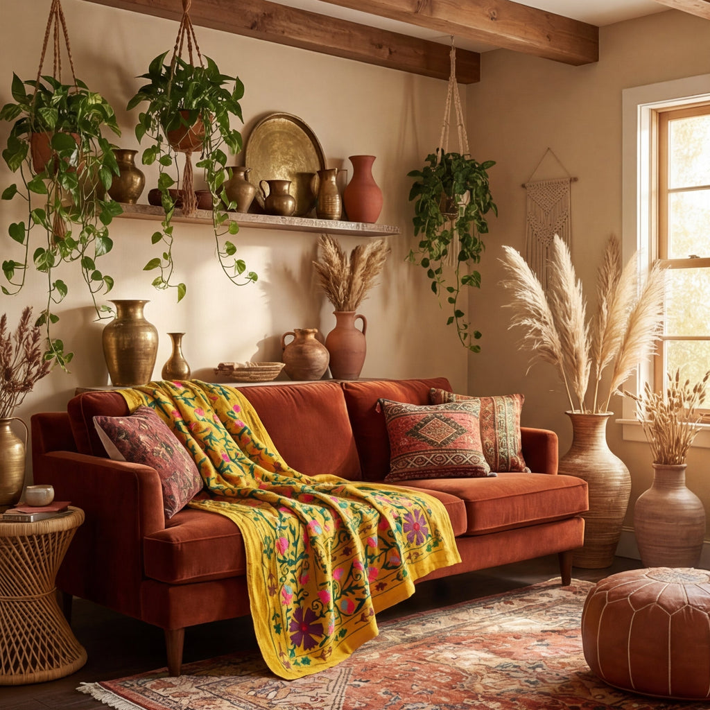 Gliding Grasslands Hand-Embroidered Cotton Suzani Throw