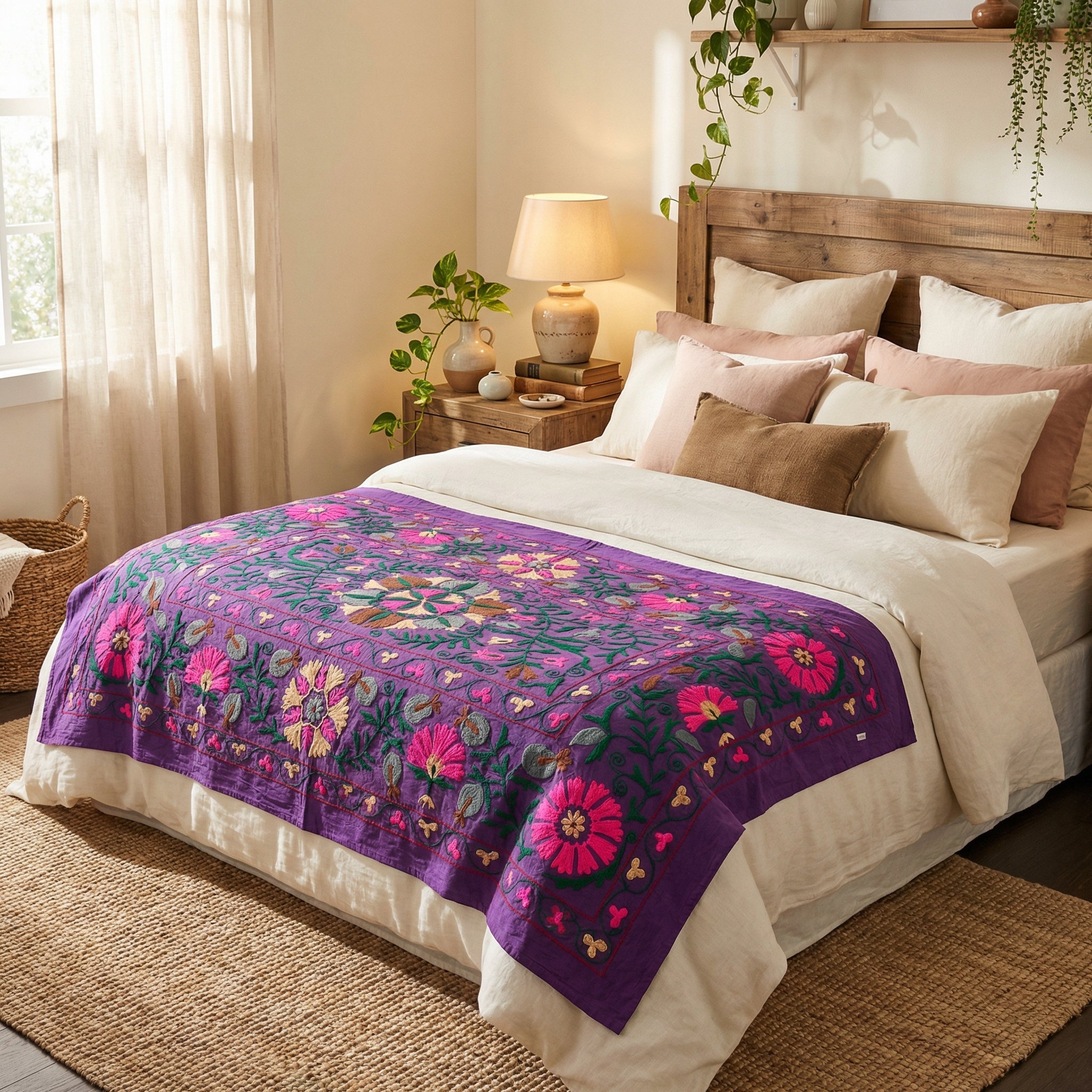 Roaming Rivers Hand-Embroidered Cotton Suzani Throw