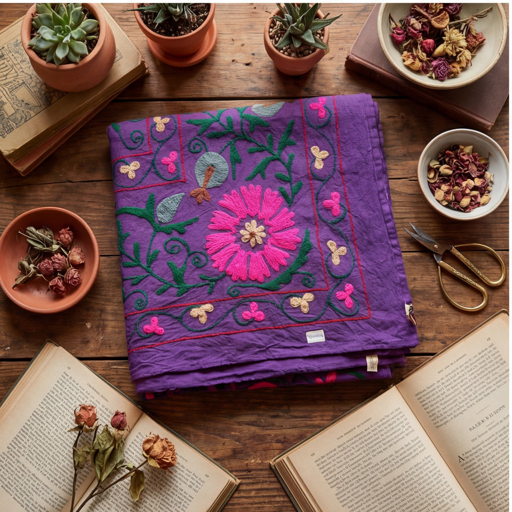 Roaming Rivers Hand-Embroidered Cotton Suzani Throw