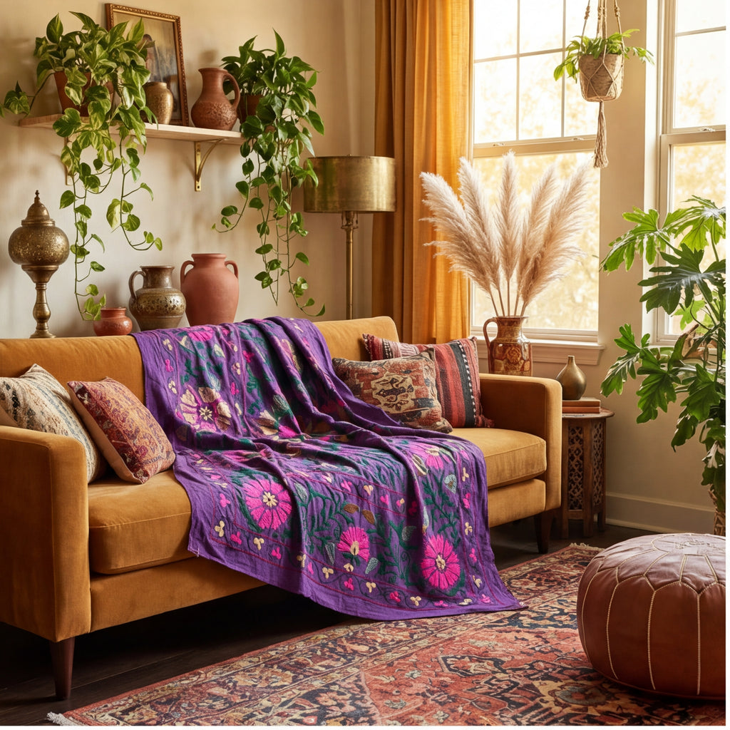 Roaming Rivers Hand-Embroidered Cotton Suzani Throw