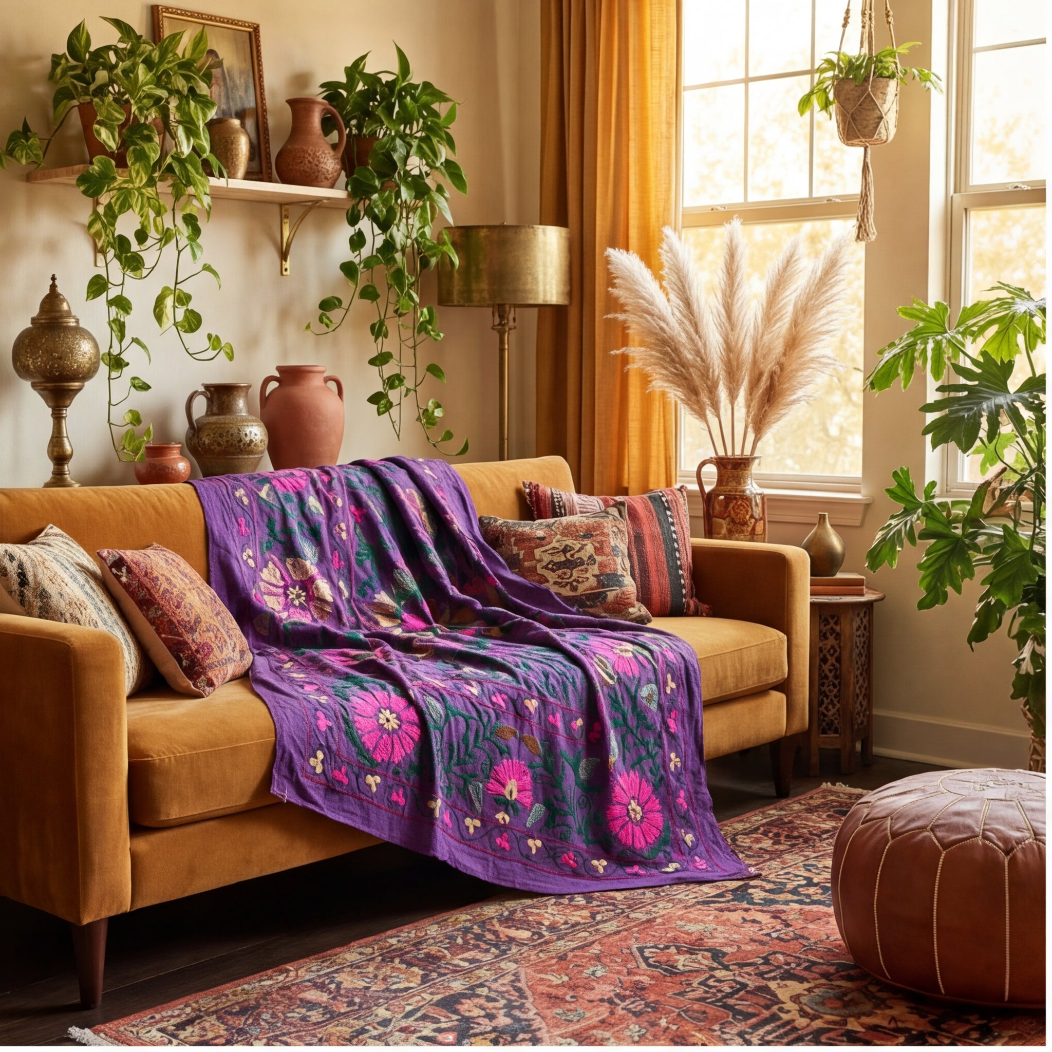 Roaming Rivers Hand-Embroidered Cotton Suzani Throw