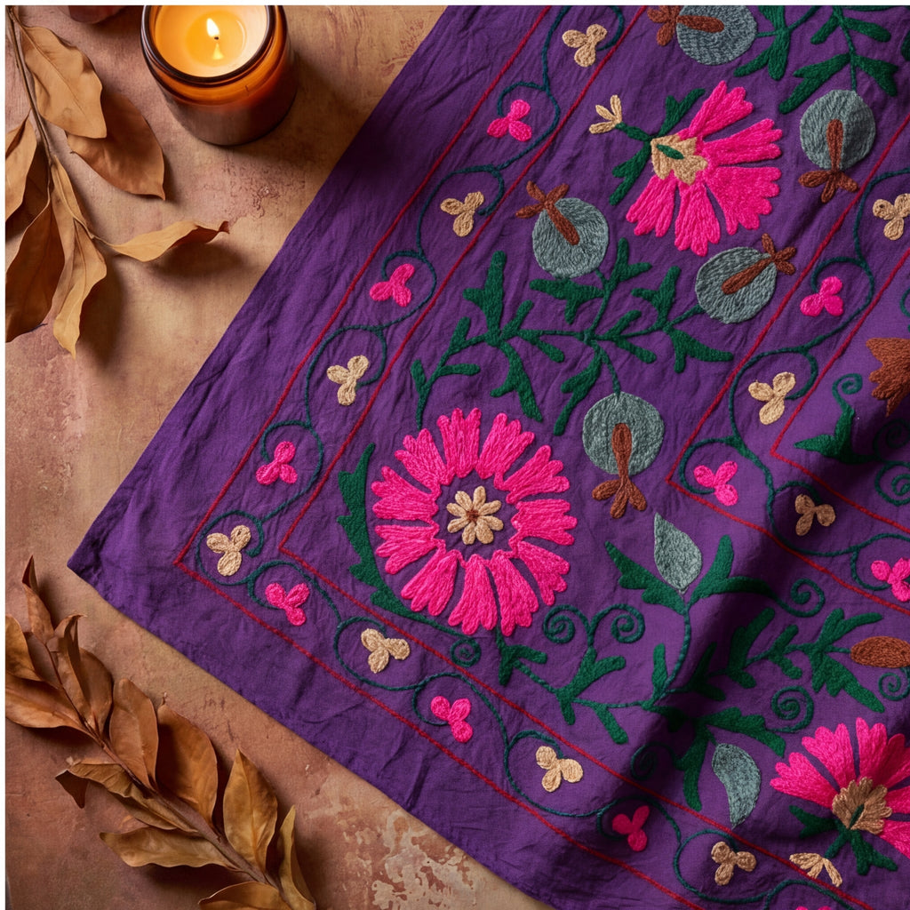 Roaming Rivers Hand-Embroidered Cotton Suzani Throw