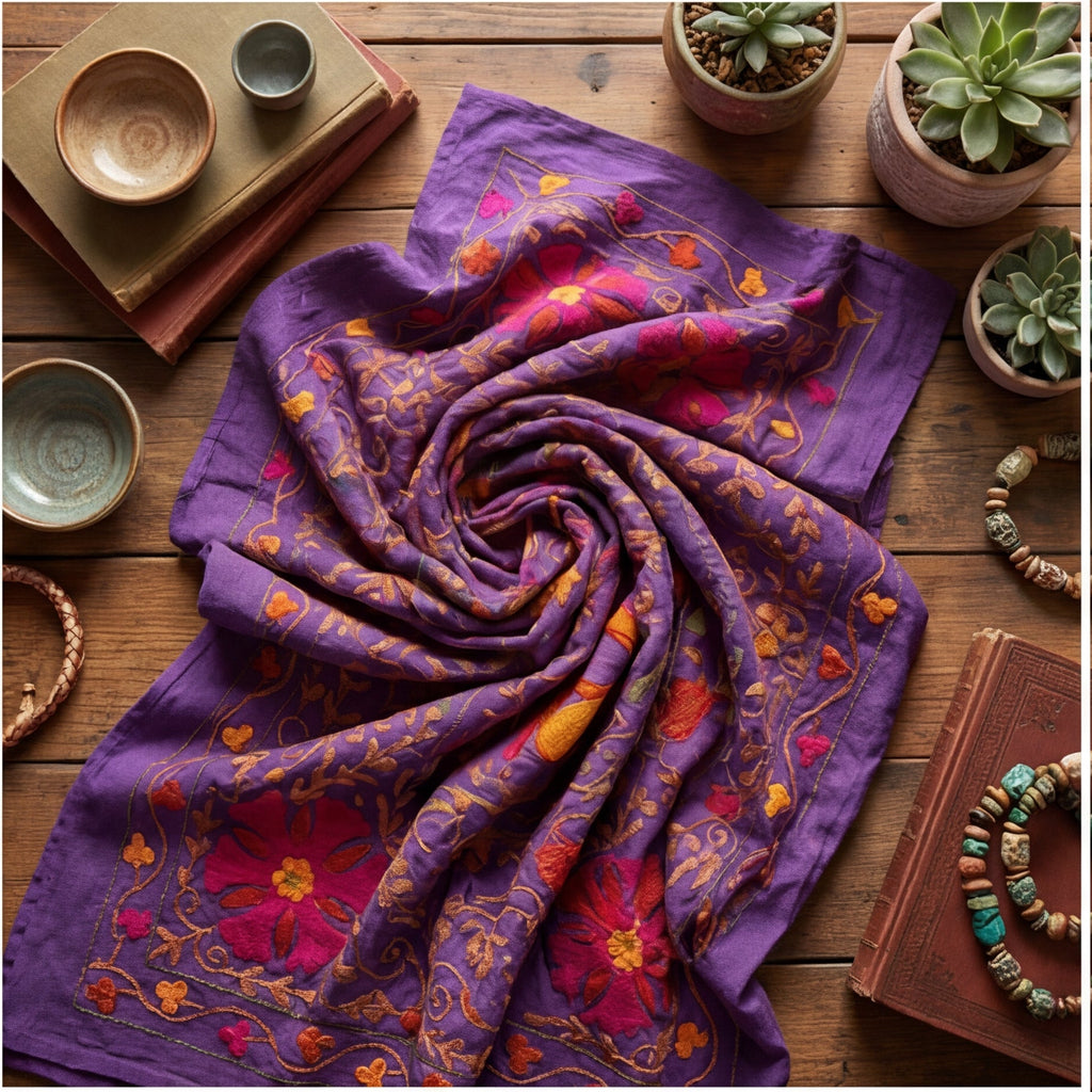 Turning Tundra Hand-Embroidered Cotton Suzani Throw