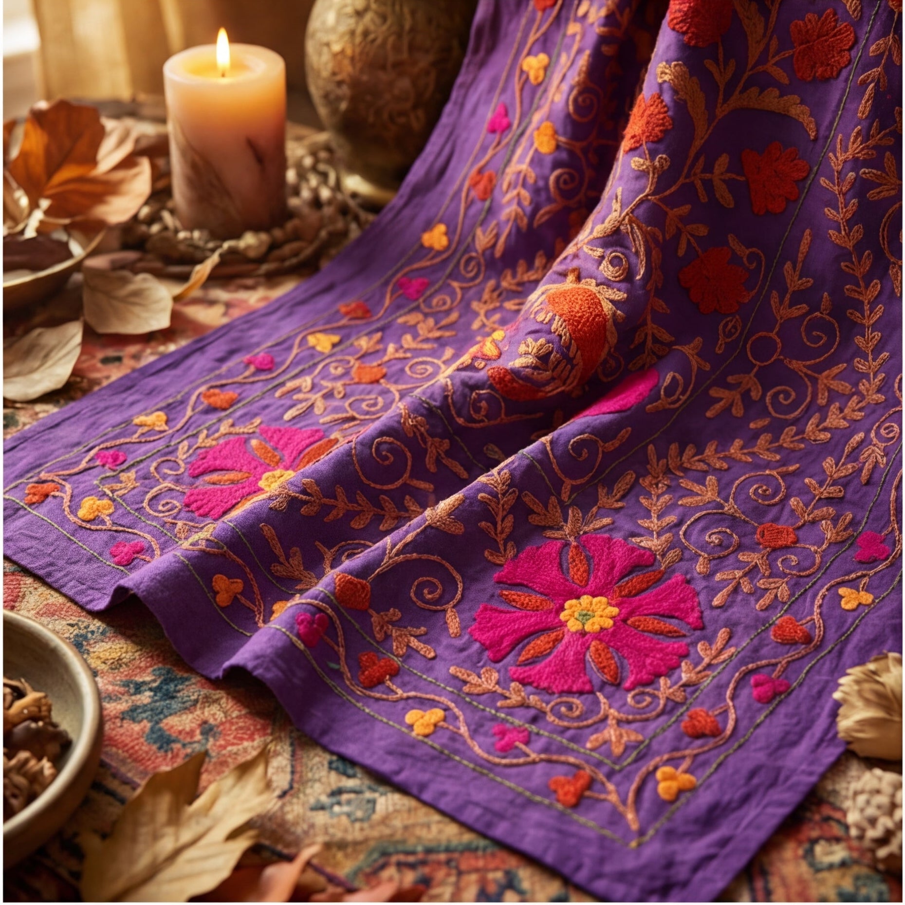 Turning Tundra Hand-Embroidered Cotton Suzani Throw