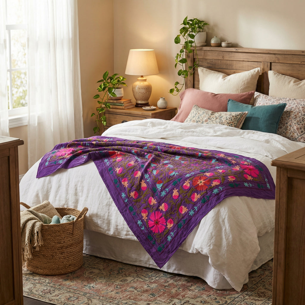 Hazy Horizon Hand-Embroidered Cotton Suzani Throw
