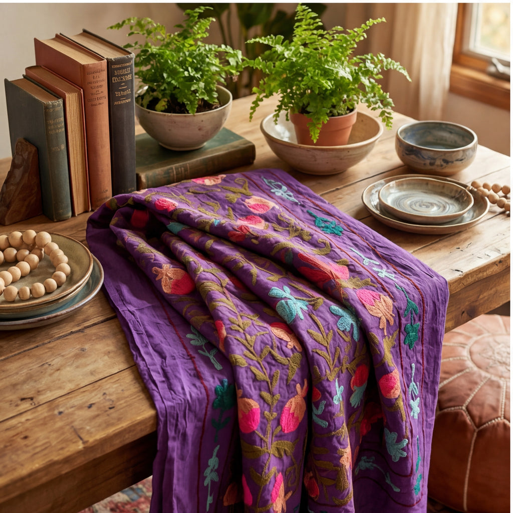 Hazy Horizon Hand-Embroidered Cotton Suzani Throw