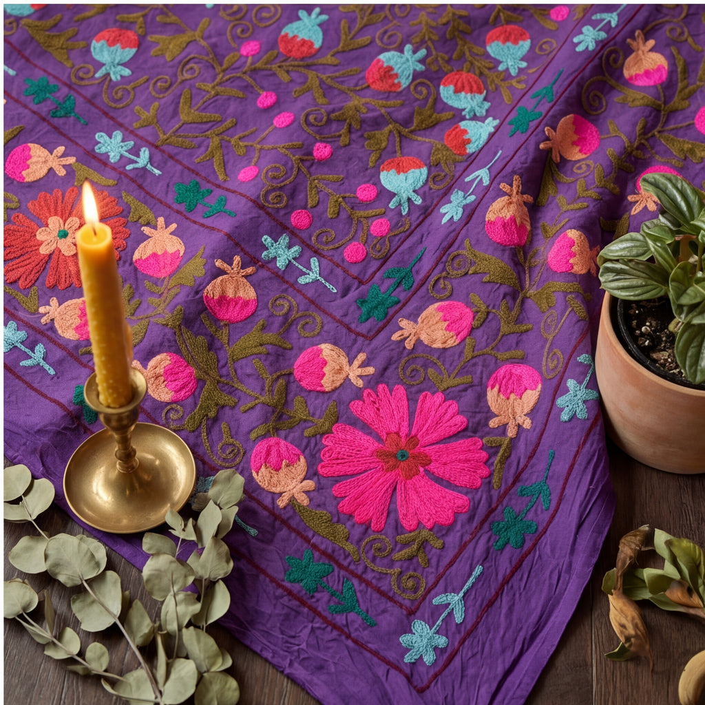 Hazy Horizon Hand-Embroidered Cotton Suzani Throw