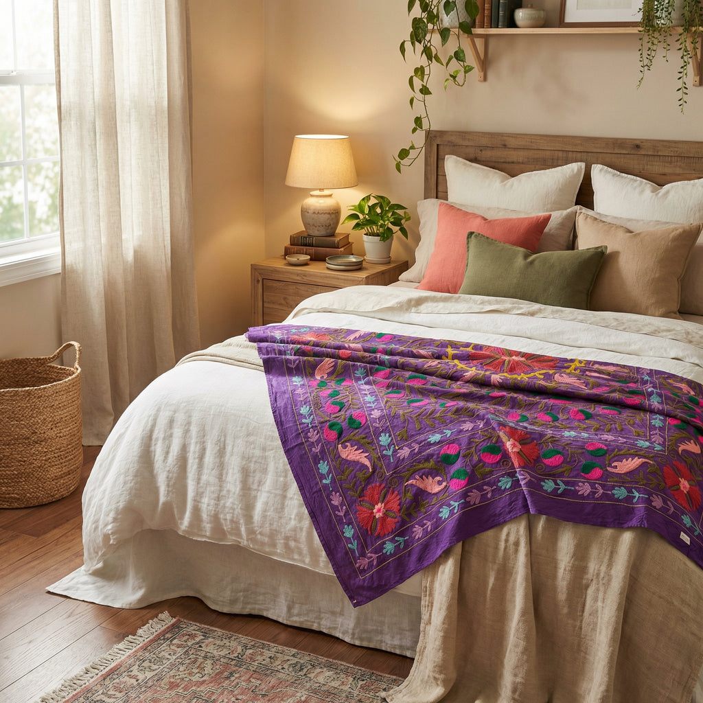 Straying Sedges Hand-Embroidered Cotton Suzani Throw