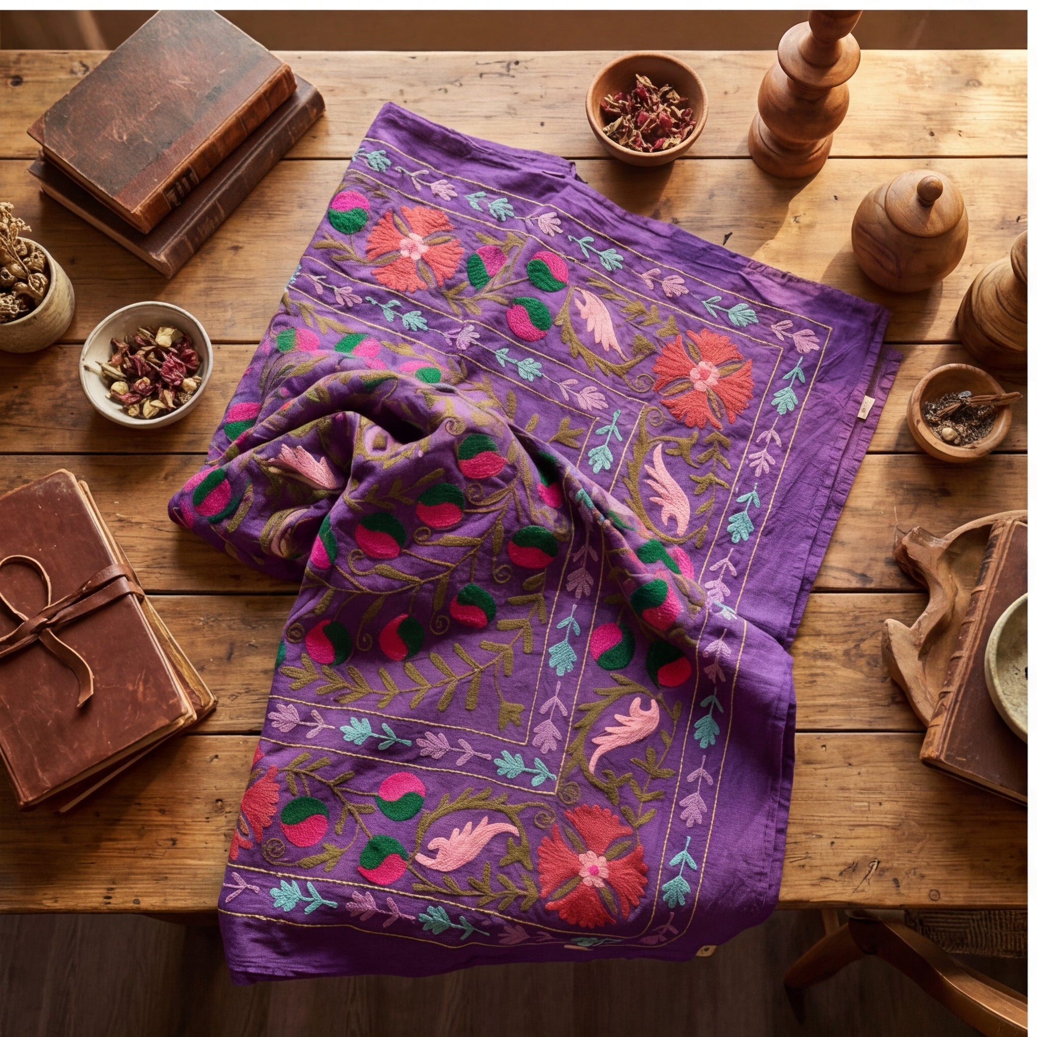 Straying Sedges Hand-Embroidered Cotton Suzani Throw