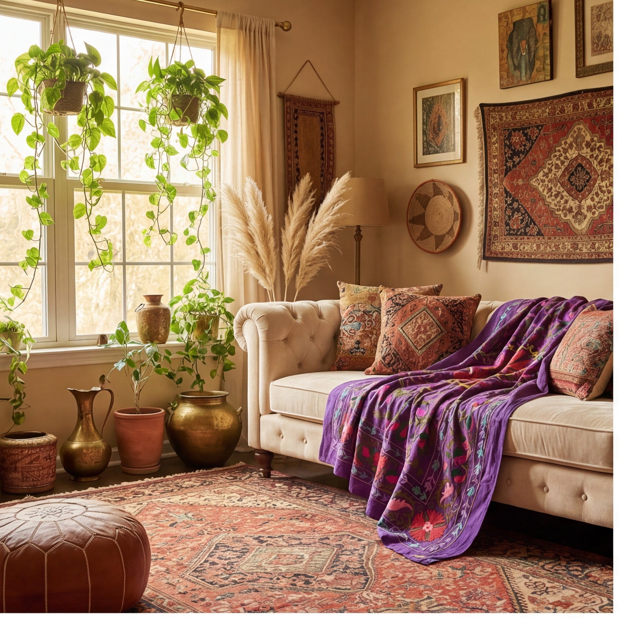 Straying Sedges Hand-Embroidered Cotton Suzani Throw