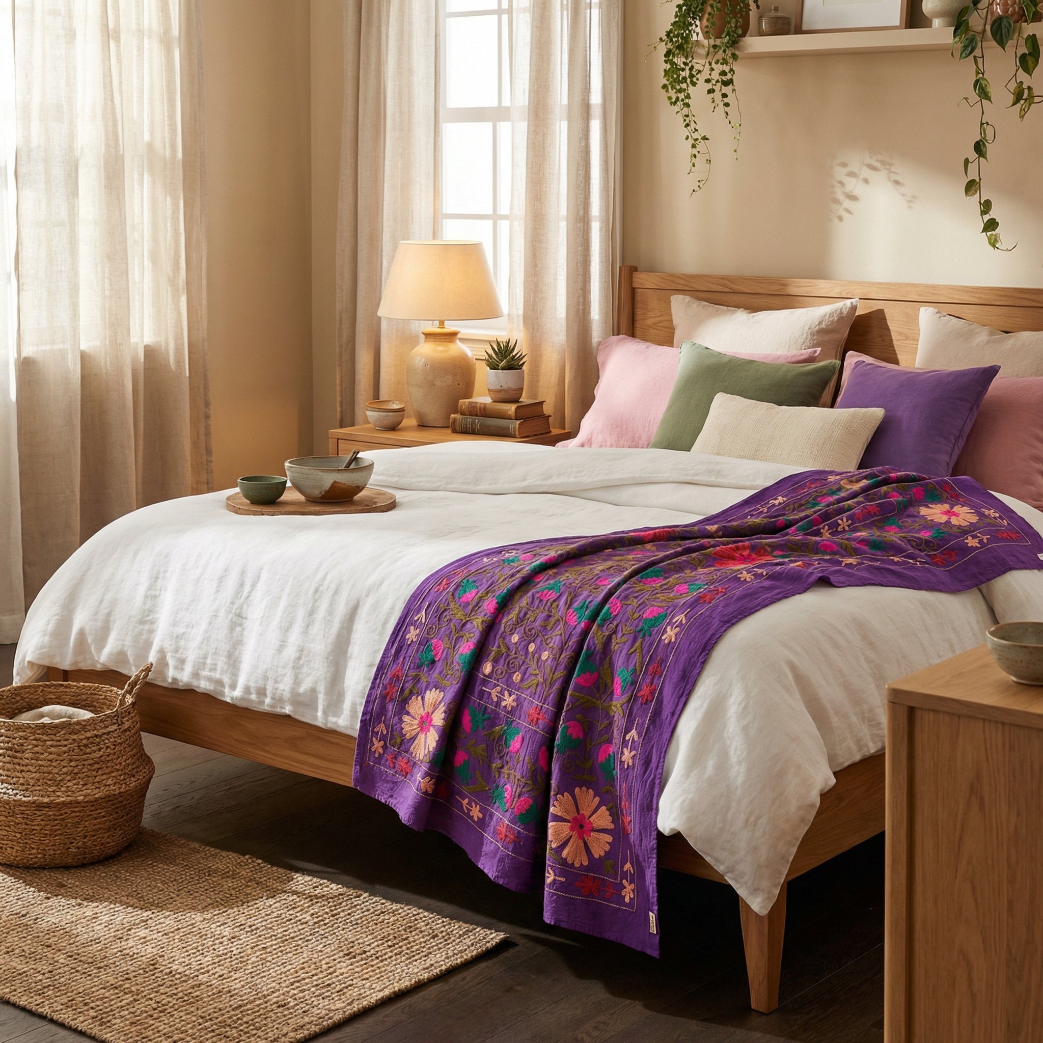 Drifting Heath Hand-Embroidered Cotton Suzani Throw