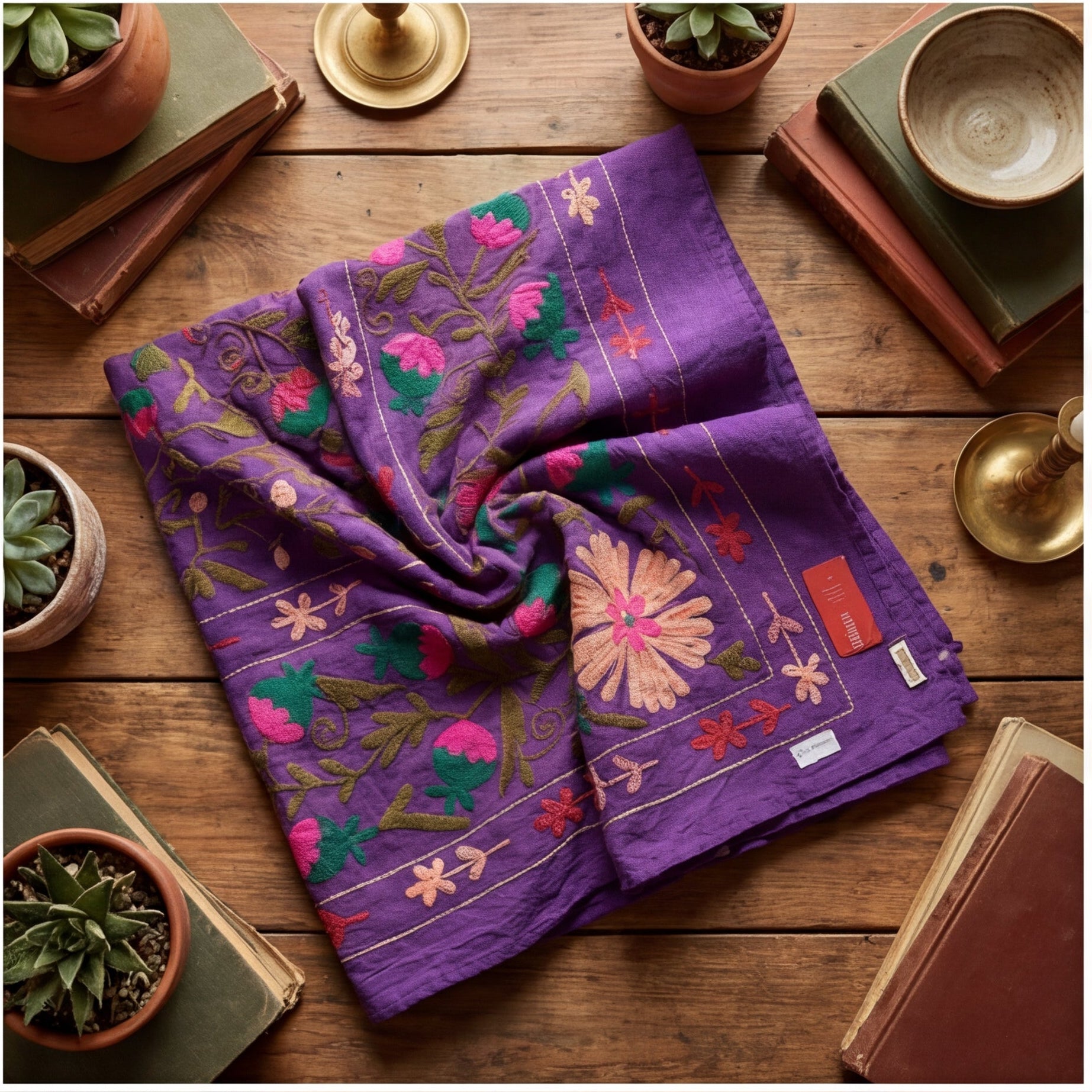 Drifting Heath Hand-Embroidered Cotton Suzani Throw