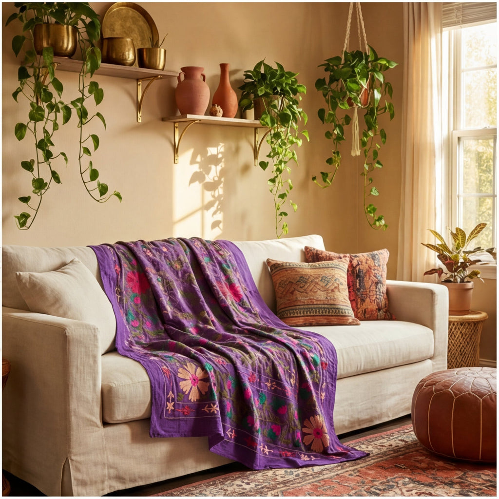 Drifting Heath Hand-Embroidered Cotton Suzani Throw