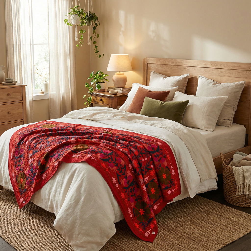 Blooming Petal Hand-Embroidered Cotton Suzani Throw