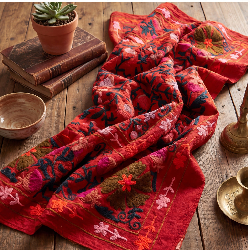Blooming Petal Hand-Embroidered Cotton Suzani Throw