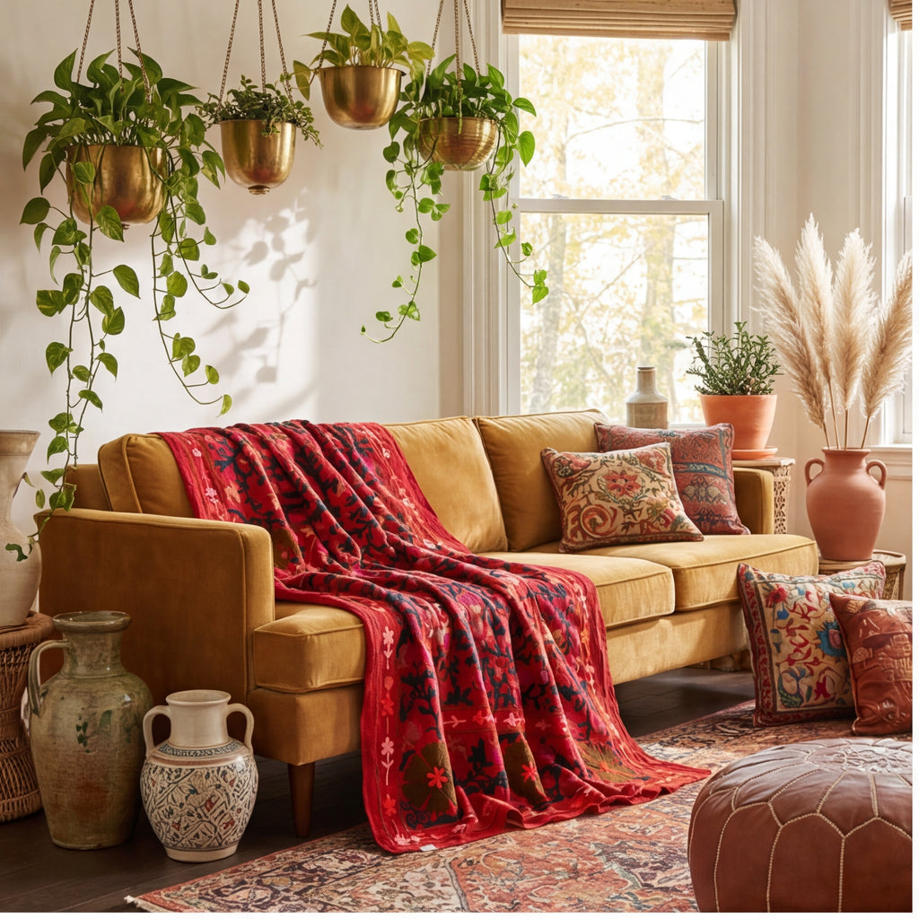 Blooming Petal Hand-Embroidered Cotton Suzani Throw