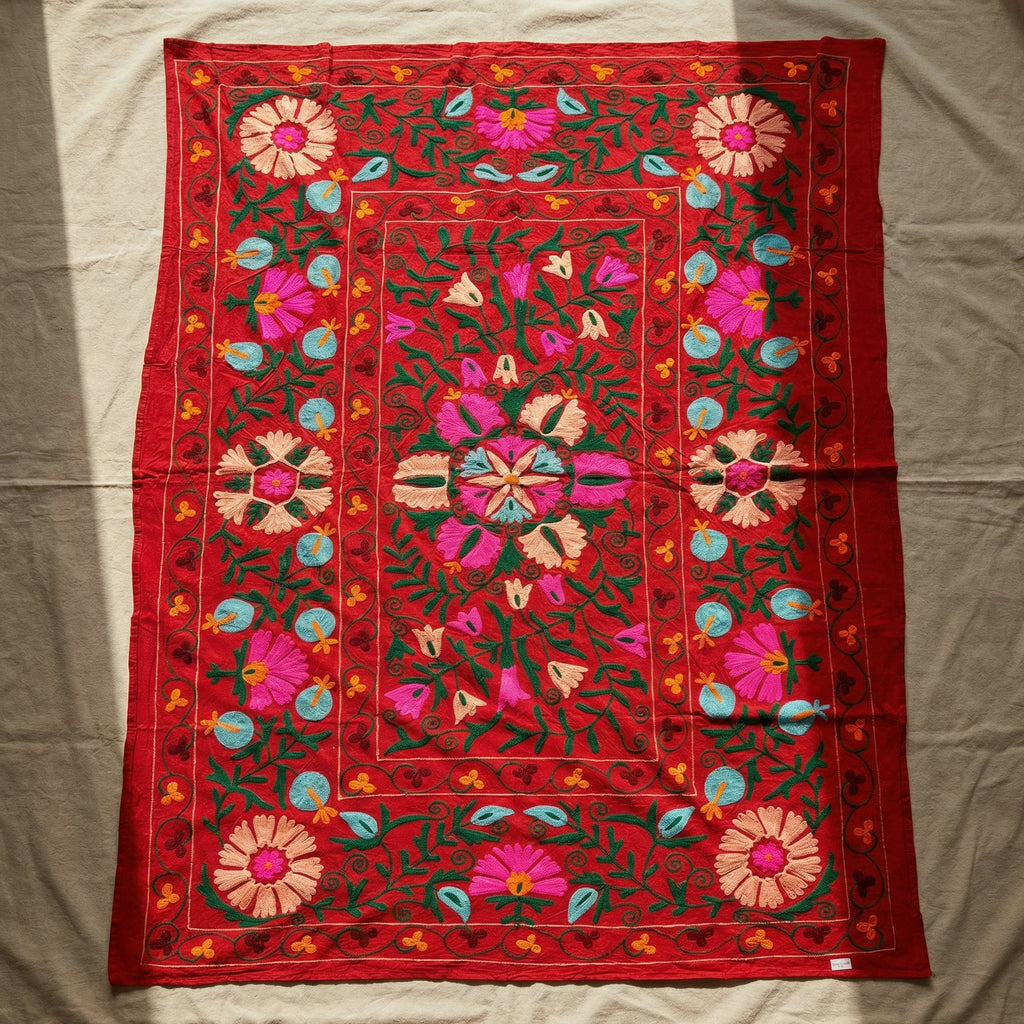 Winding Wetlands Hand-Embroidered Cotton Suzani Throw