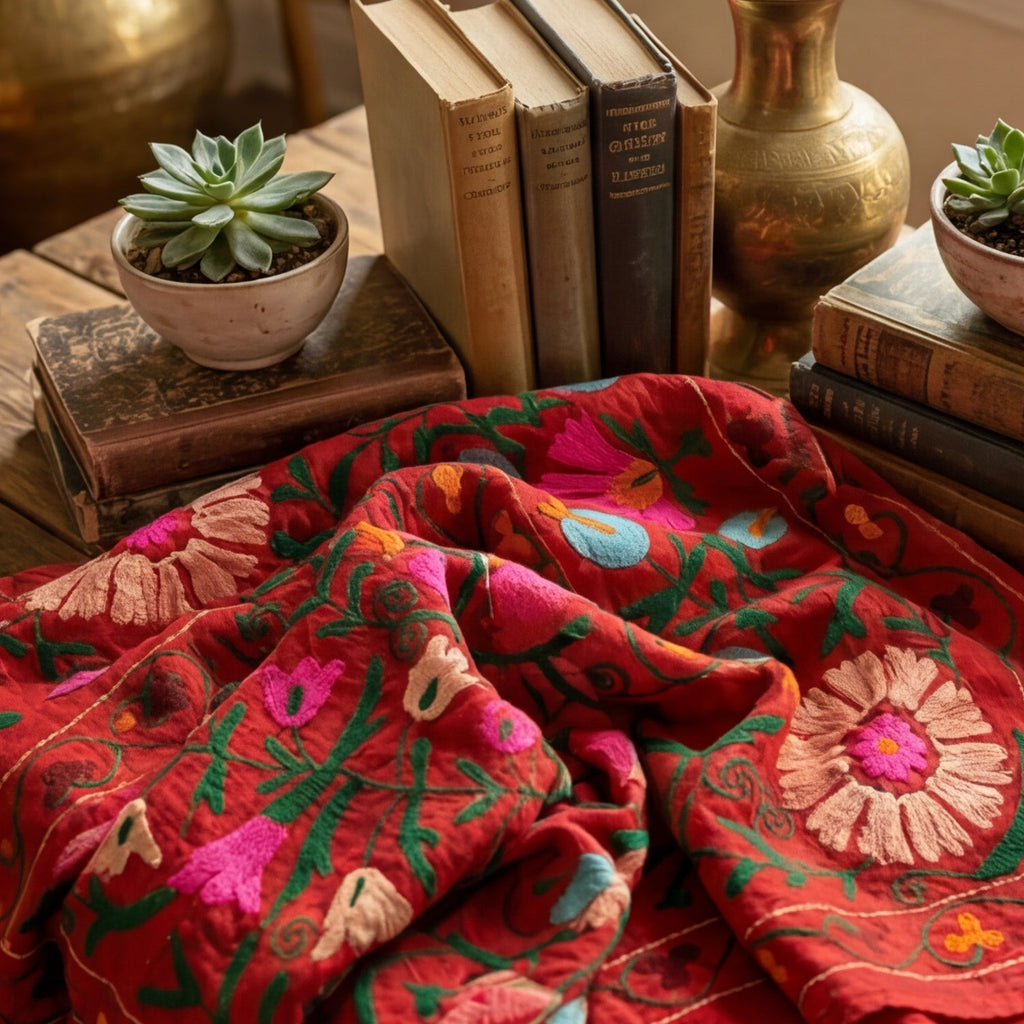 Winding Wetlands Hand-Embroidered Cotton Suzani Throw