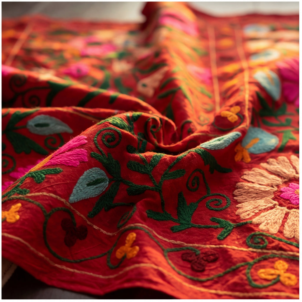 Winding Wetlands Hand-Embroidered Cotton Suzani Throw