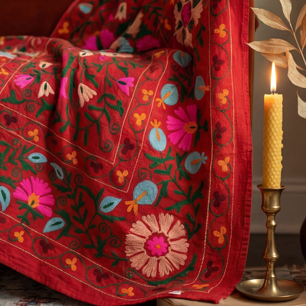 Winding Wetlands Hand-Embroidered Cotton Suzani Throw